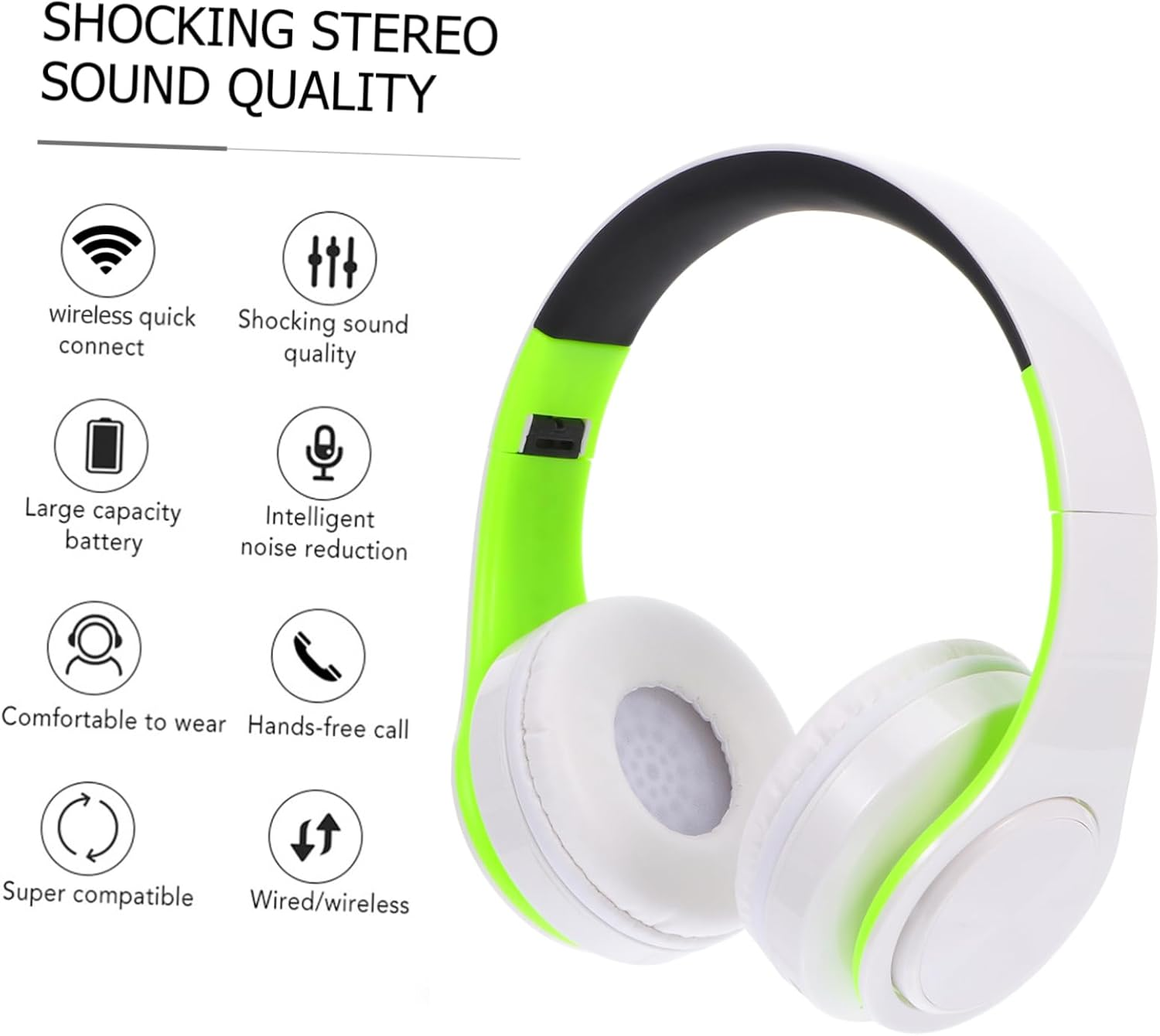 LIGIGWASH Foldable Wireless Over-Ear Headphones Adjustable Stereo Headset with Wireless Connectivity and Micro Memory Card Slot for Sports and Travel, Lightweight Green-White Design