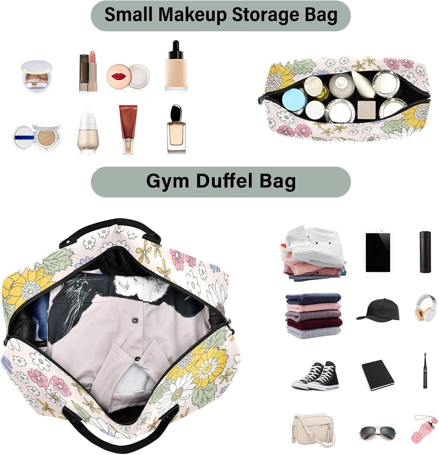 Travel Tote Bag Travel Weekender Gear Bag Floral Vintage Scandinavian Gym Bag with Adjustable Strap for Trekking, Floral Vintage Scandinavian, Set of 2, Art Deco image number 5