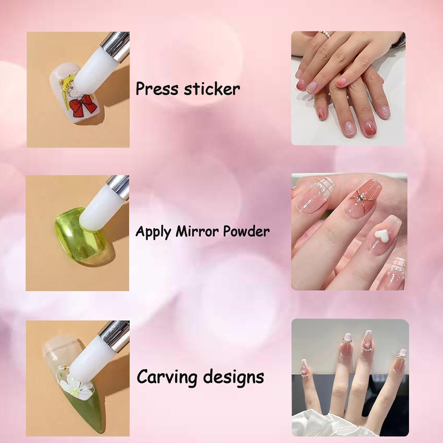 Whmeolyo 11Pcs Nail Art Brush Set, Dual Tipped Silicone Nail Tools, Nail Art Sculpture Pen, Crystal Handle Liner Brushes, Acrylic & Gel Nail Brush, Dotting Pens for Home and Professional Nail Salon - 20Pcs-Pink image number 6