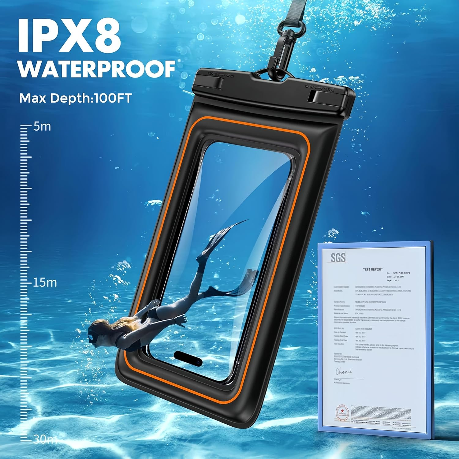 Waterproof Phone Case (7") - 1 Pack for Iphone 17/16/15/14/13/12/11 Pro Max Plus, Samsung Galaxy S24/S23 Ultra,Pixel- 30M/100Ft Deep Underwater Protection, Touch-Sensitive (Gray) - Green image number 2