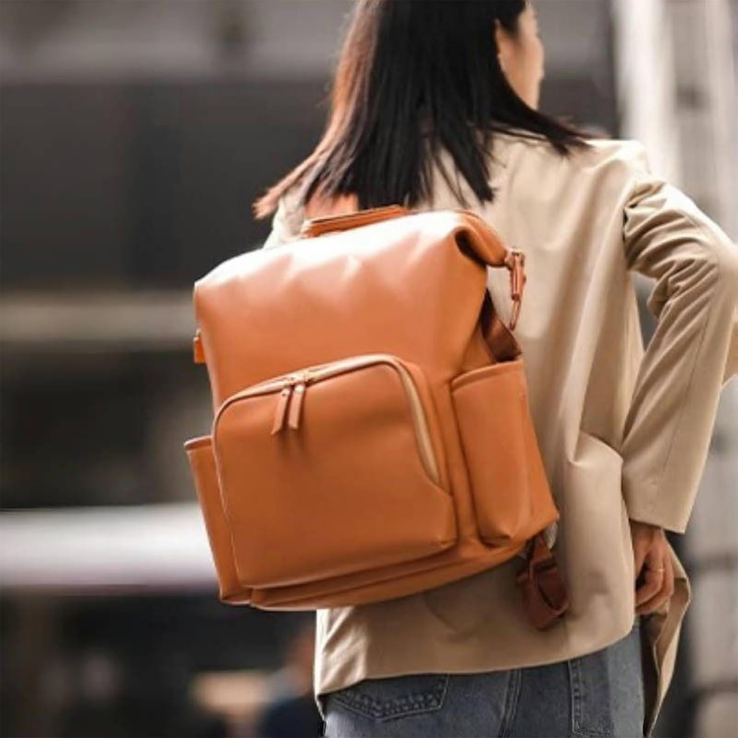 Diaper Bag Leather | Travel Baby Bag | PU Leather Diaper Backpack Waterproof Reinforced Zippers Pockets Organizer for Laptop for Mom image number 6