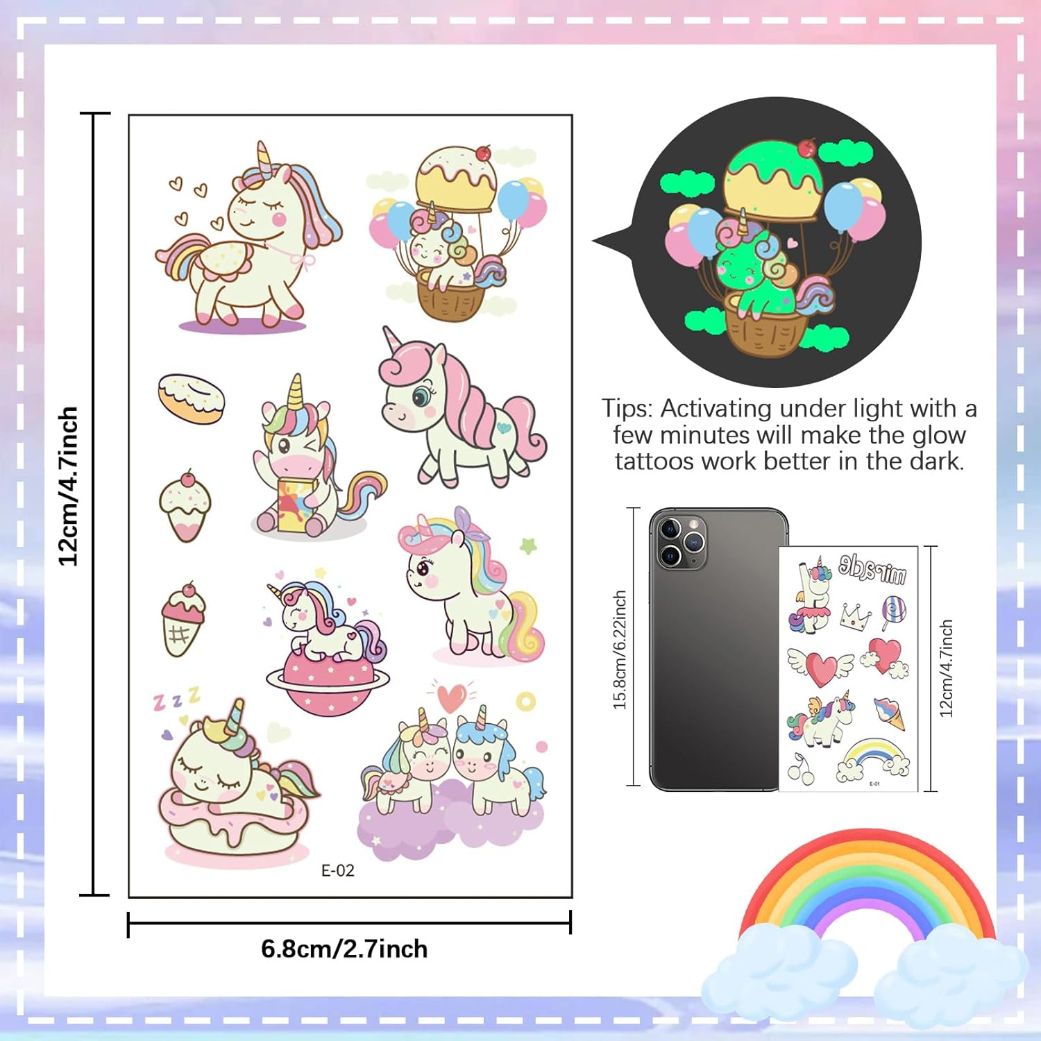 20 Sheets Luminous Temporary Tattoos Kids, Unicorn & Dino Themes Glow Temporary Tattoos Stickers for Girls Boys, Glow Party Supplies Gifts (Unicorn) - Unicorn image number 3