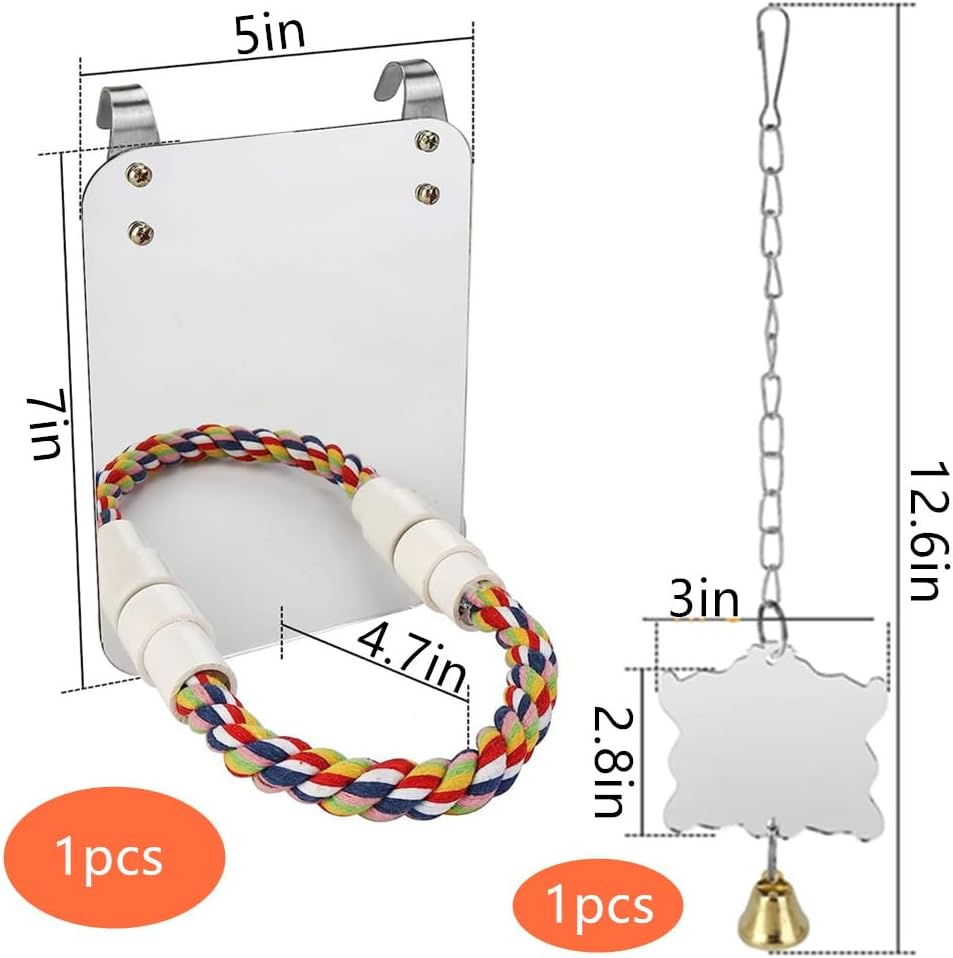 Budgie Mirror Bird Mirror，Granmagazz Bird Stand Perch with Mirror, Bird Cotton Rope Stand Swing Parrot Cage Toys for Parrot Budgies Parakeet Cockatiel Conure Finch Lovebird Macaw Cage Hanging image number 2
