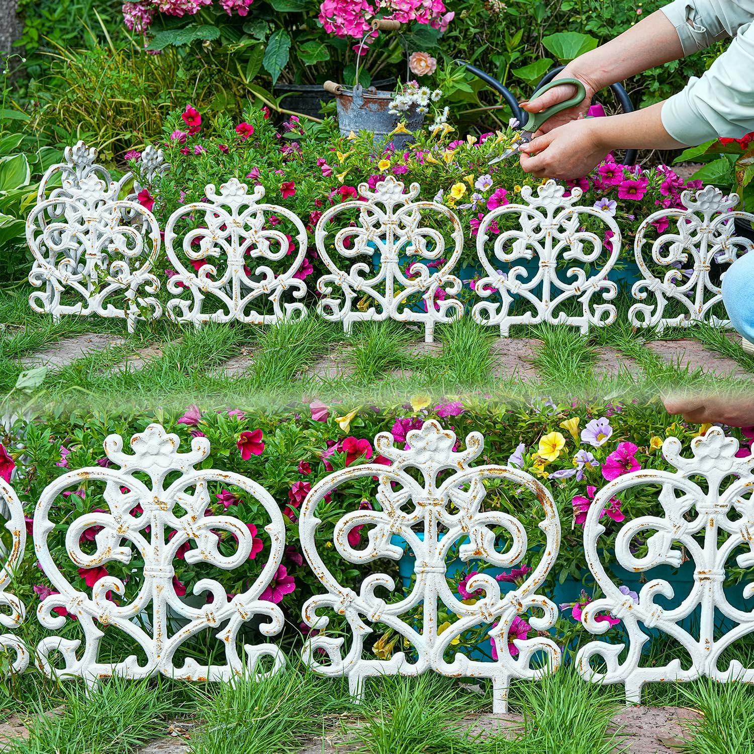 Sungmor Decorative Cast Iron Garden Edging, 4 Pack Rustic White Victorian Garden Edging Landscape Border, Vintage Metal Yard Stake Low Picket Fence, 11.8" Tall Outdoor Flower Bed Lawn Fence Panels image number 6
