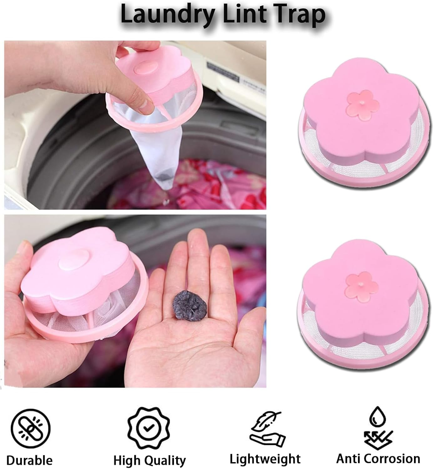 ONBPIY 2 Pack Pink Reusable Lint Catcher for Washing Machine, Laundry Pet Hair Remover with Floating Mesh Bag, Hair & Lint Trap for Clothes, Socks, and Fabrics (Pink)