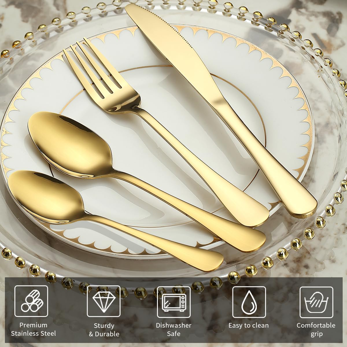 Gold Cutlery Set 48 Pieces Service for 12, Berglander Titanium Gold Coating Handle Stainless Steel Flatware Set, Knives Forks Spoons Silverware Set image number 1
