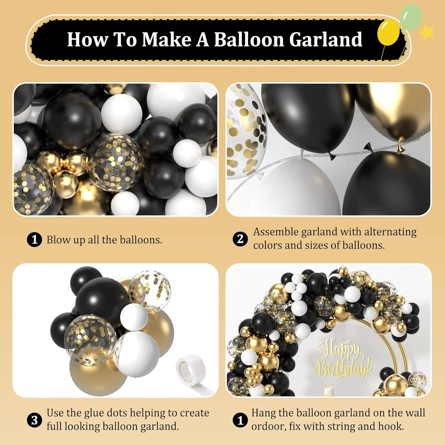 Black and Gold Balloons Garland Kit, 100Pcs Metal Gold Black White Balloons Set in Different Size for Graduation Birthday Anniversary Bachelorette Party Balloon Decoration image number 4