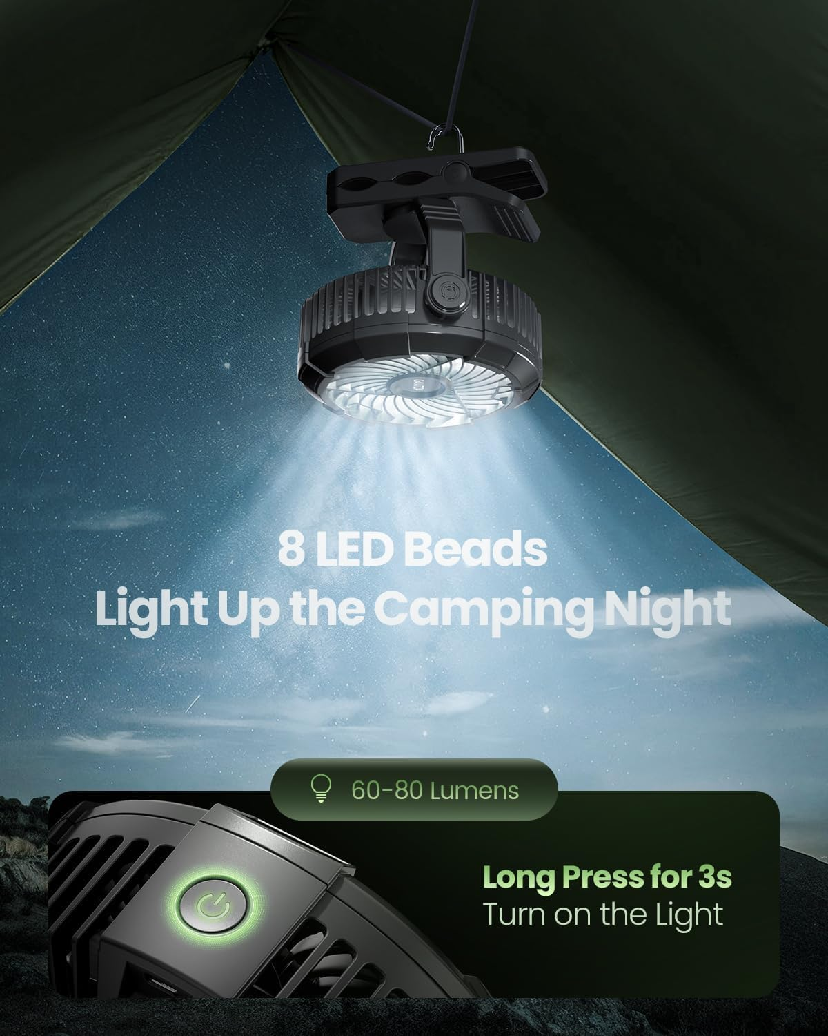 Gaiatop Portable Camping Fan with LED Lantern, 360&deg;Rotation and Clip on for Desk, 4000Mah USB Rechargeable Battery Powered, Digital Display and Hanging Hook for Tent Outdoor Travel Bedroom Black image number 5