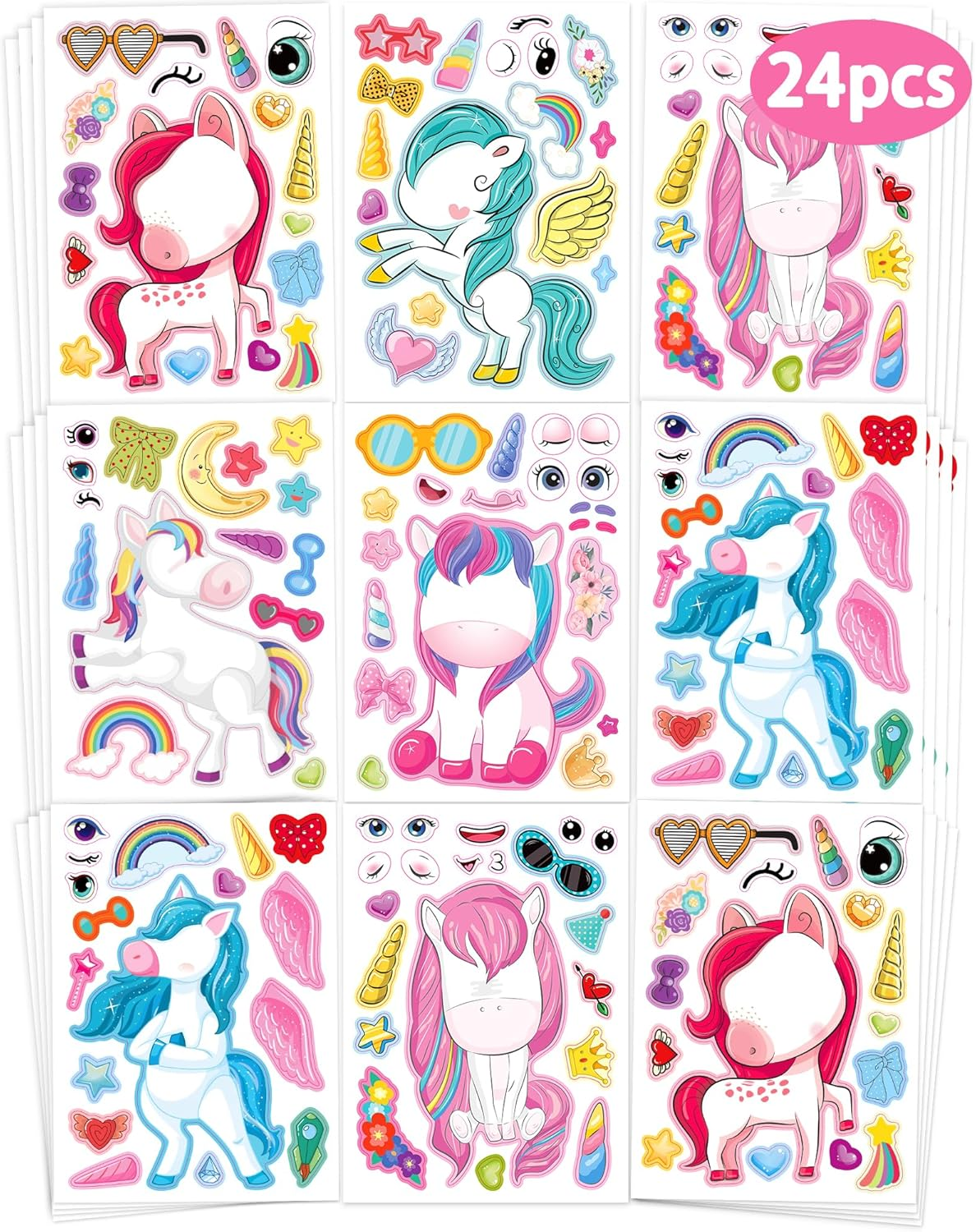 24 Pcs Make Your Own Unicorn Sticker Sheet, Unicorn Party Favors Face Stickers for Kids Girls Toddlers Crafts Activities Bags Birthday Party Favors Valentines Day Gifts for Kids Classroom image number 3