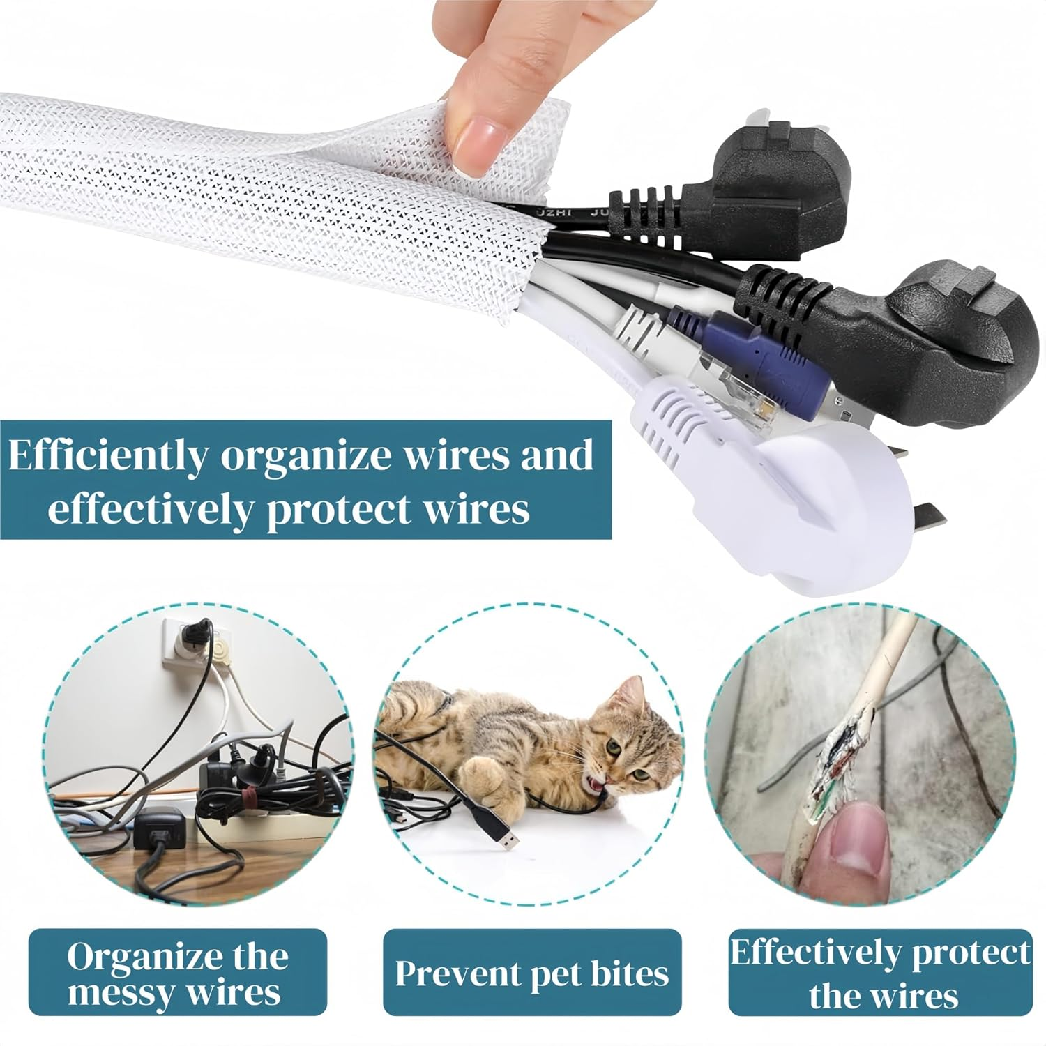 Fiabgum 20Ft - 1/2 Inch Cord Protector, Braided Cable Sleeve, Split Wire Loom Tubing, Cord Wrap Organizer for Computer，Protect Cat from Chewing-White image number 3