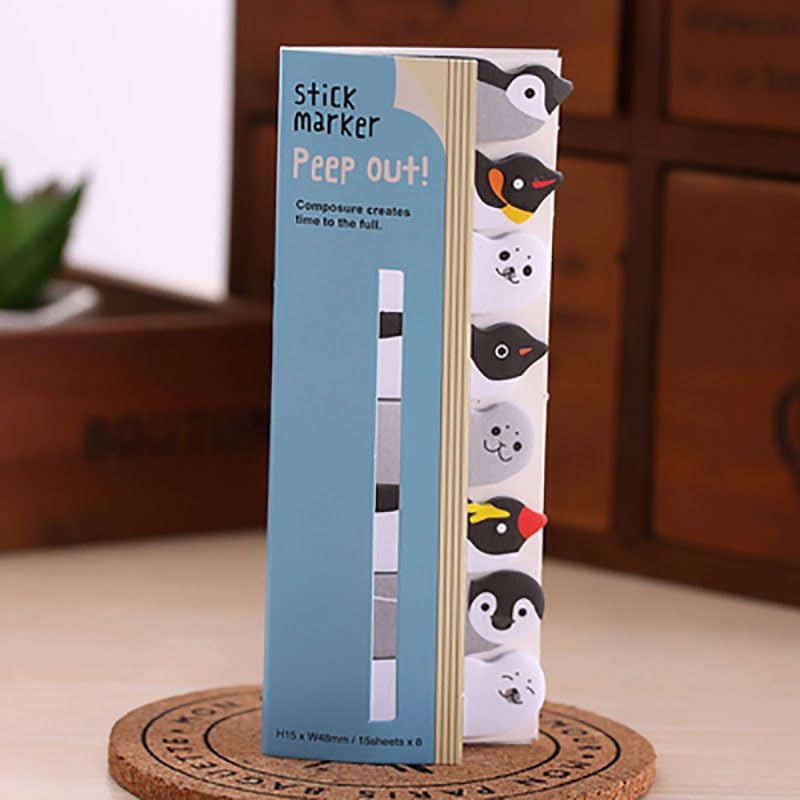 120Pcs Self Adhesive Note Flags Mini Cute Sticky Tabs Cartoon Index Labels Animal Pads Page Markers for Office, School(Penguin) - Cat image number 4