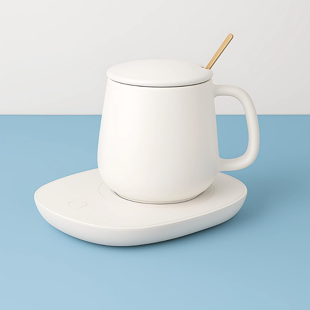 Smart Electric Coffee Mug Warmer with Ceramic Mug Included &ndash; Desktop Beverage Heating Plate for Office & Home &ndash; Keeps Coffee, Tea, Milk, Hot Chocolate or Water Warm Auto Shut off Safety Design (White) image number 4