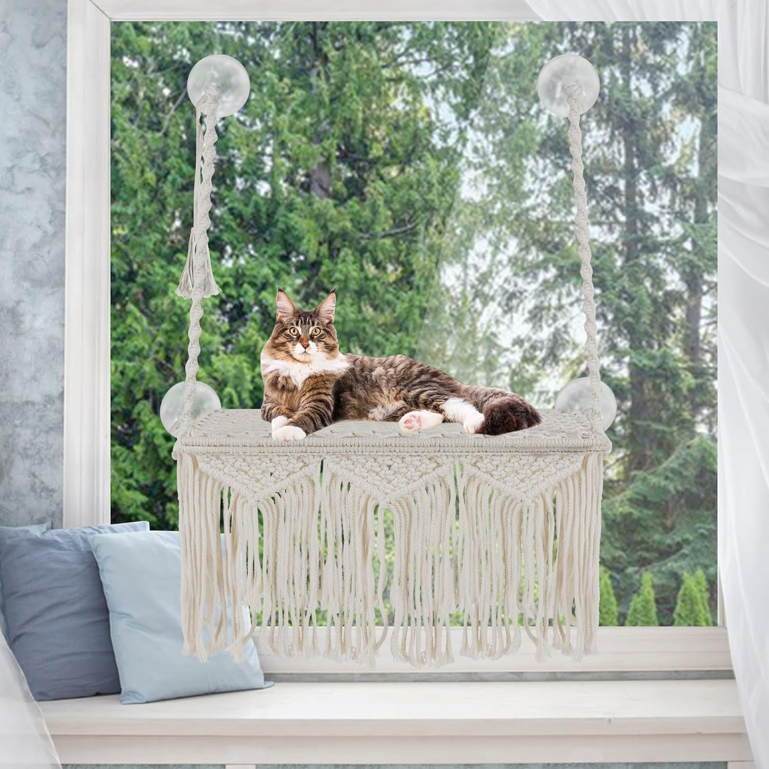 Cat Window Perch, Macrame Cat Hammock Boho Wall Mounted Pet Resting Seat Bed for Sunbathing, Napping & Overlooking with 4 Seat Suction Cups(No Pet Mat Included) image number 1