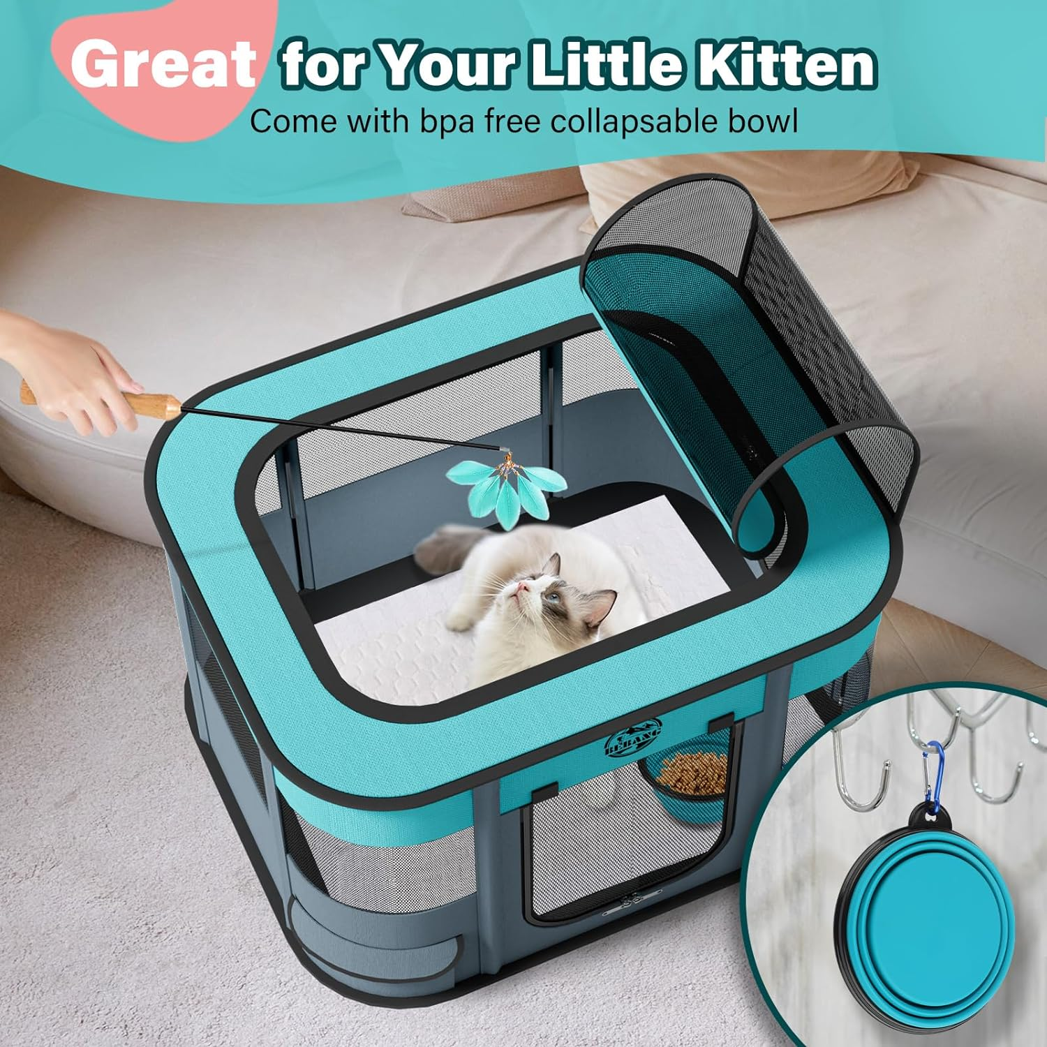 Puppy Playpen Cat Dog Crate: Play Pen Indoors Pet Playpens Portable Foldable Cage Kennel House for Medium Small Large Kitten Rabbit Guinea Pig Hamster with Food Bowl (Grey, L, 1) image number 3