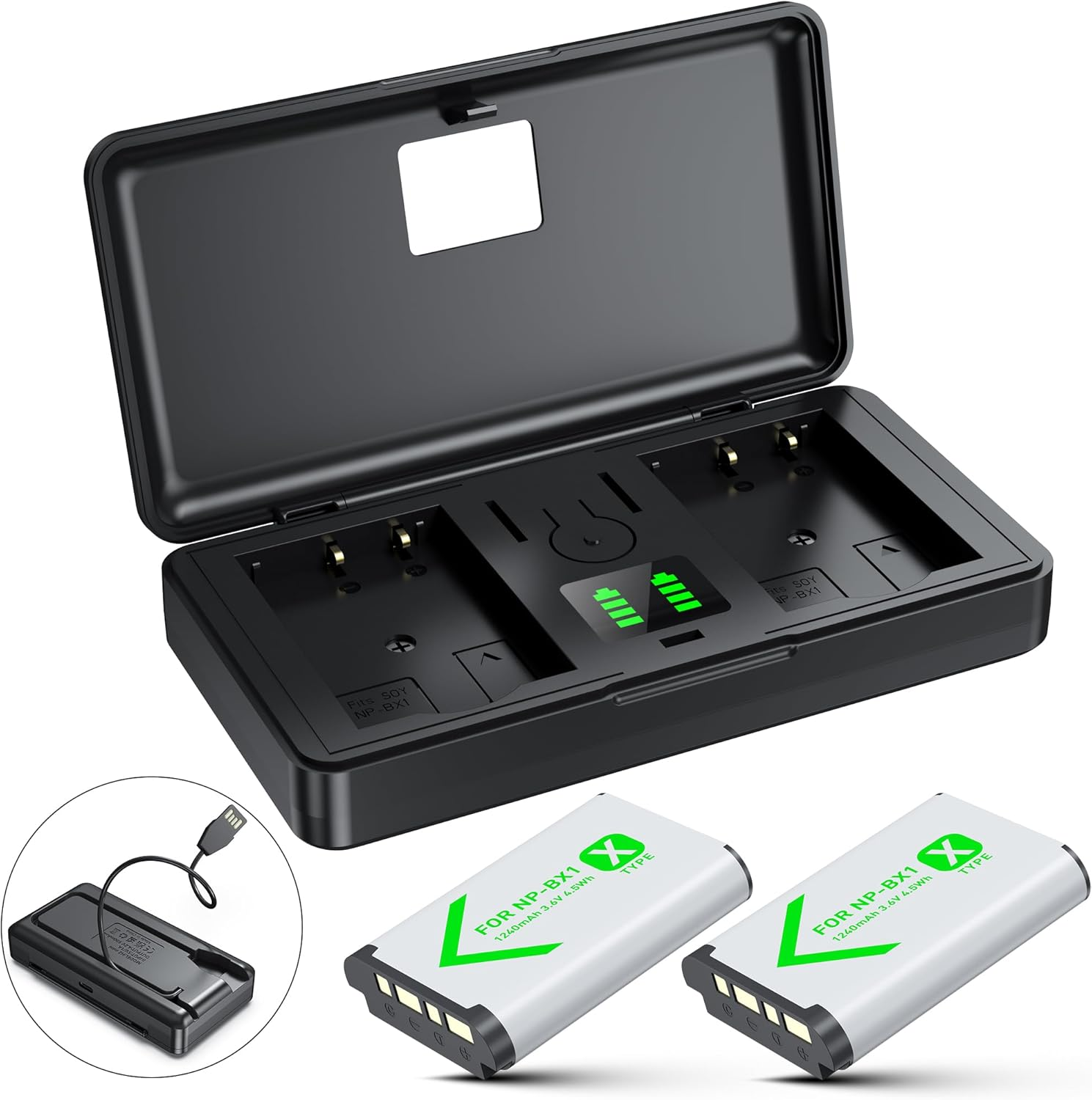 NP-BX1 Battery(2 Pack) and Charger(2Ch) Set,Camera Accessories Kit for Sony Lithium Ion NP-BX1,RX100 VII/VIII,ZV1 II,ZV1F,ZV-1F,DSC-HX400,RX1 Rechargeable Dual Batteries Case,Replacement Attachments image number 1