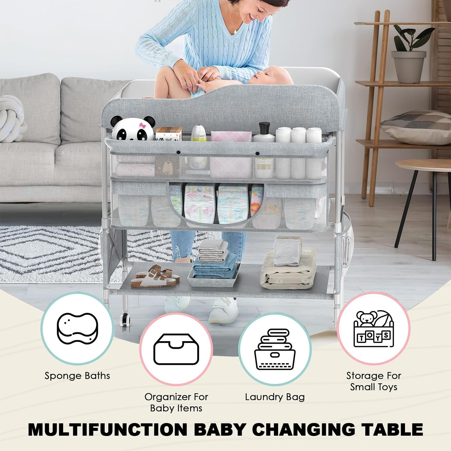 Portable Baby Changing Table,Foldable Changing Table Dresser Baby Changing Station with 2 Basket for Essentials, 3 Position Height Adjustable for Infant Newborn image number 2