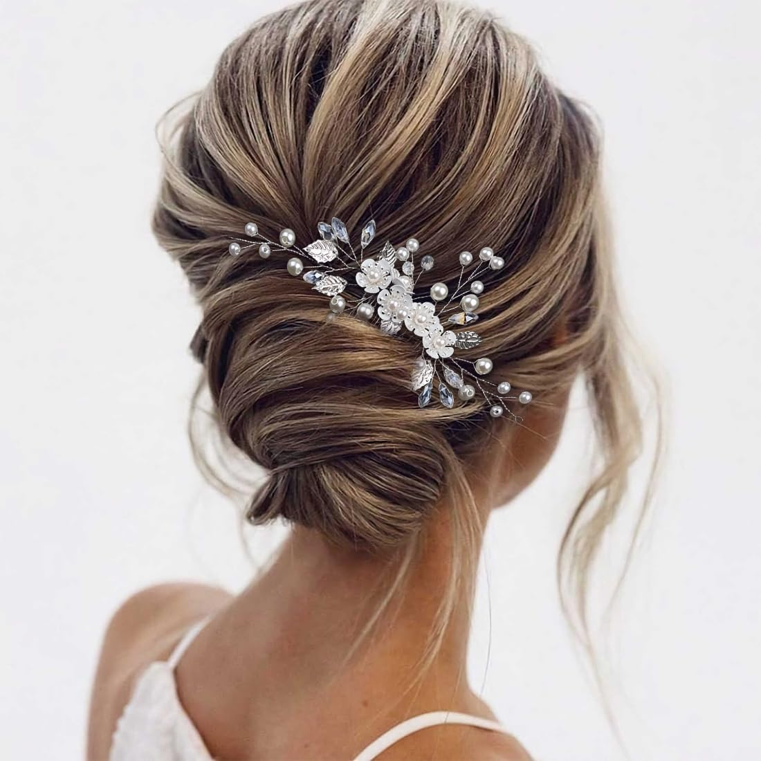 Bridal Wedding Hair Combs Crystal Flower Bridal Headpiece Beads Hair Clips Hair Accessories for Women and Girls Silver