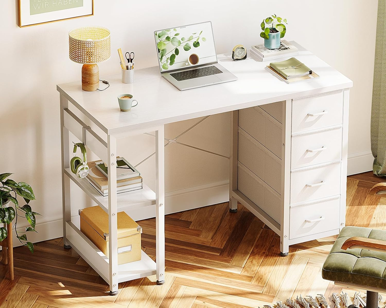 ODK 40Inch Computer Desk with 4 Fabric Drawers and 2 Storage Shelves,Reversible Office Desk with Headphone Hook & Metal Legs,Modern Study Table, Suitable for Home Office, 100 * 40 * 75.7, White image number 1