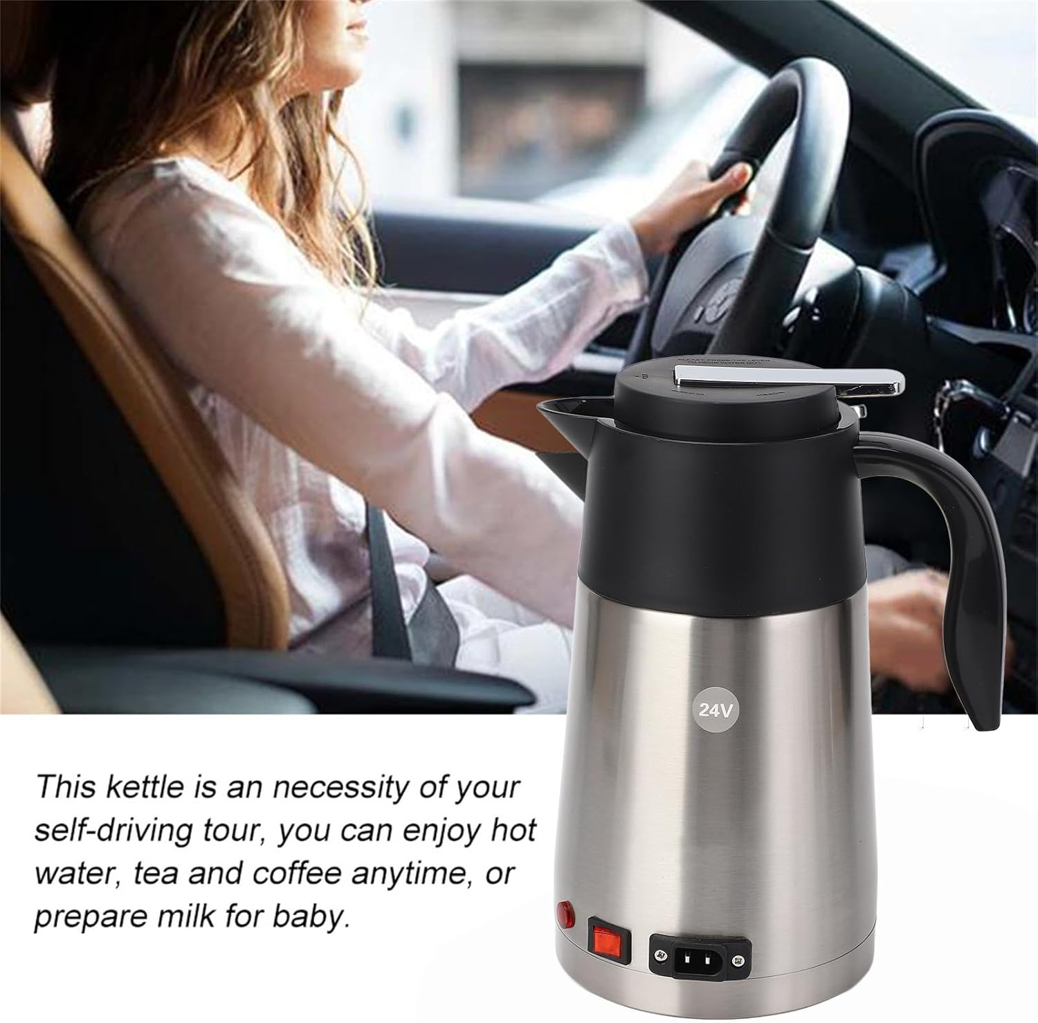 Portable Car Truck Kettle 1300 Ml Capacity for Self-Driving 12/24 V - 304 Stainless Steel Body and Inner Heating Tube, Quick to Heat (24 V) image number 1