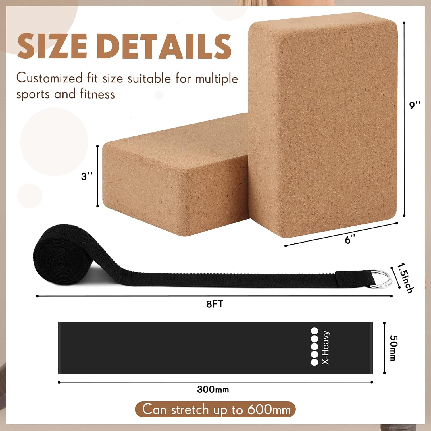 Liliful 8 Pcs Cork Yoga Block with Strap and Resistance Loop Set Yoga Cube Stretch Yoga Bricks with Strap Exercise Bands for Women Men Exercise Stretching Fitness Workout Pilates image number 1