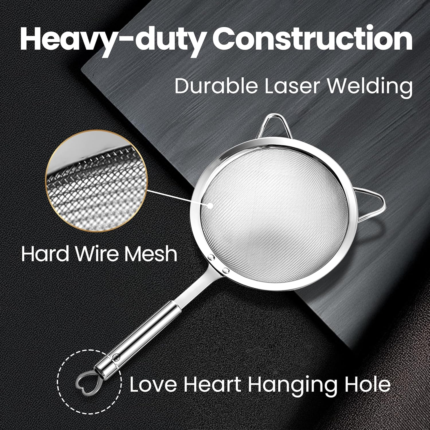 Stainless Steel Strainer Set, 1 Large Pasta & Rice Strainer for Kitchen + 1 Small Fine Mesh Strainer with Handle + 1 Silicone Can Strainer, Flour Sifter for Baking, Kitchen Strainer Fine Mesh (SS) image number 4