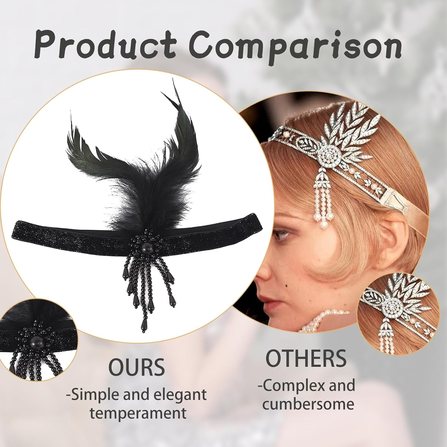 Women'S 1920S Headband for Gatsby Costume 20S Accessories, Vintage Jewellery Tassel Feather Headband with Rhinestone Hair Accessories, Perfect for Parties, Party Decoration, Weddings and Carnival image number 5