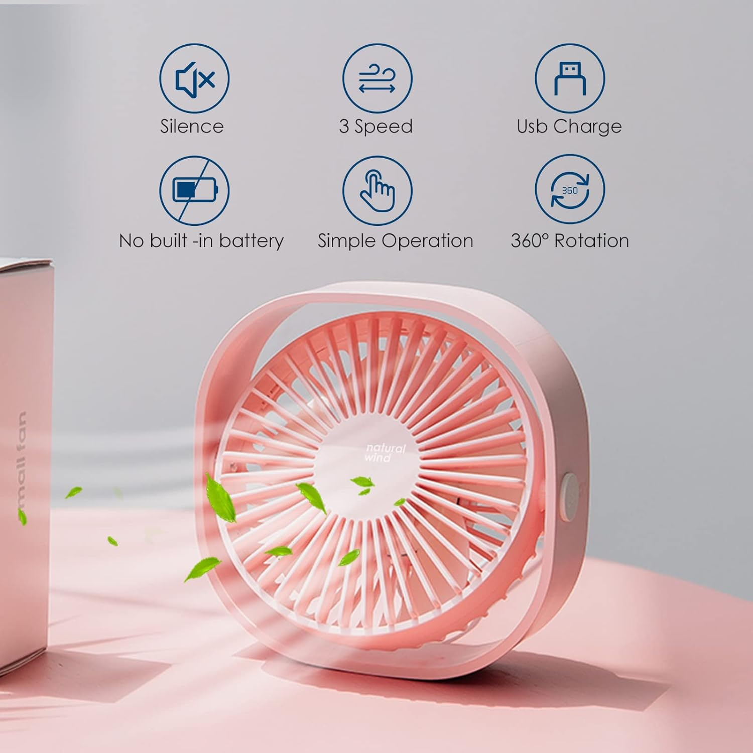 Simpeak Mini Usb Desk Fan Cooling Quiet Portable Pink USB Powered ONLY (No Battery), 3 Speed Setting 360&deg; Adjustable Swivel for Home and Travel