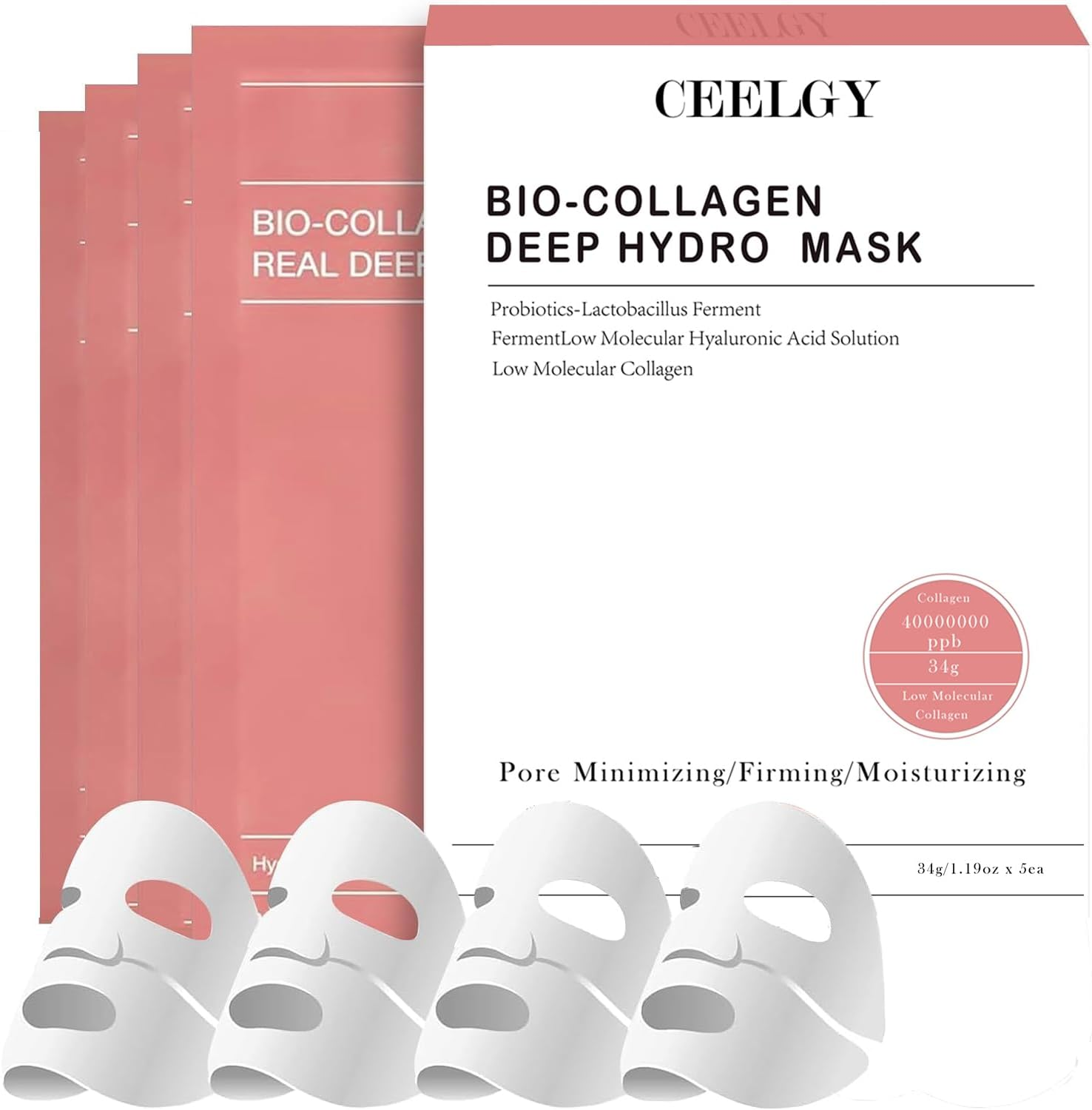 CEELGY 4Pcs Bio Collagen Mask,Hydrating Overnight Hydrogel Mask for All Skin Types, Collagen Night Wrapping Mask, Deep Moisturizing, Pore Minimizing, Firming. 34G X 4Ea
