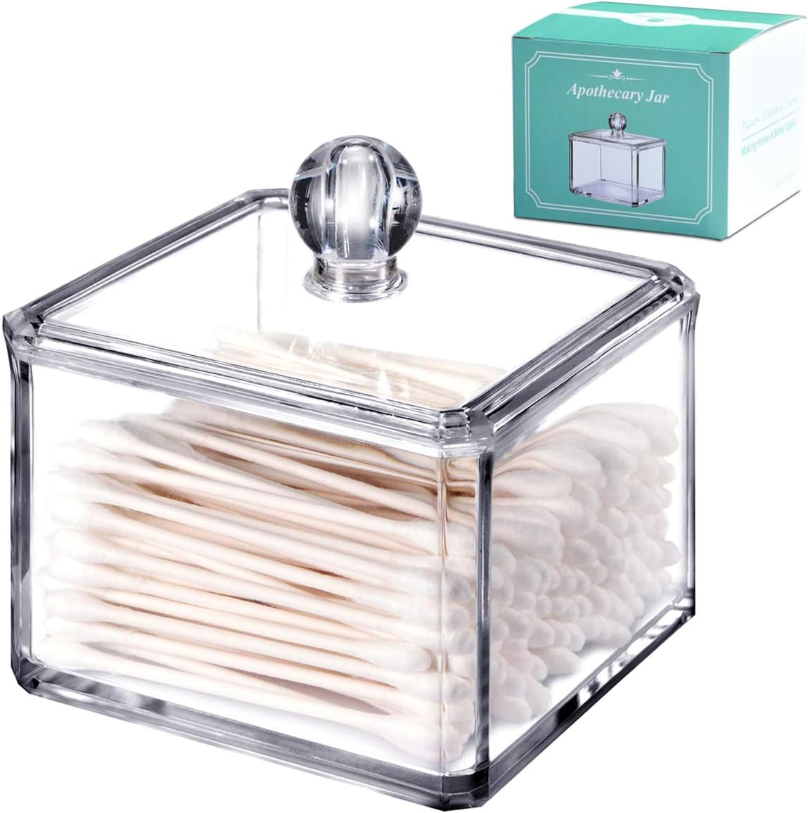 Modern Square Qtip Holder Acrylic Bathroom Vanity Countertop Storage Organizer Canister Jar for Cotton Swabs, Rounds, Balls, Makeup Sponges, Bath Salts - 1 Pack - Clear image number 2