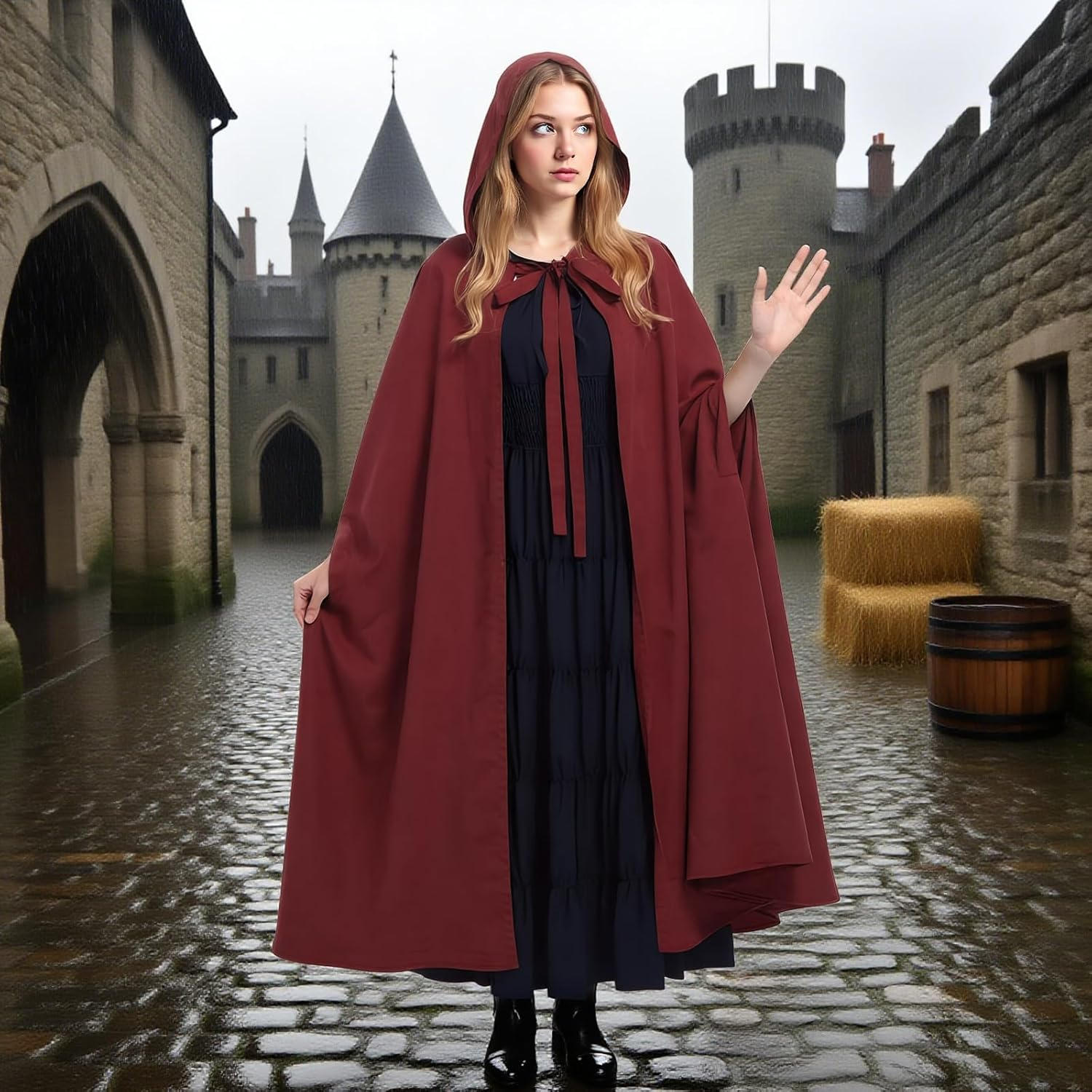 Hapurs Hooded Cloak Robe Costume Cape with Hood Halloween Tunic Hooded Uniform Cape with Hood Renaissance Medieval Costume Witch Vampire Cloak Cosplay image number 3