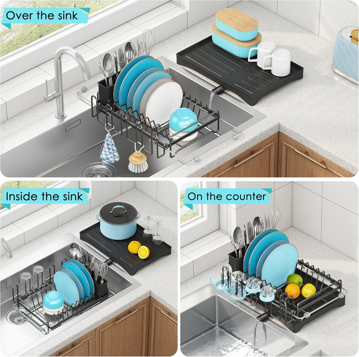 ANTOPY Dish Drying Rack in Sink, Expandable Rustproof Dish Rack for Kitchen Counter, over the Sink Dish Drainer with Utensil Holder, Cup Rack, Drainboard, Space Saving Dish Dryer Rack for inside Sink image number 1