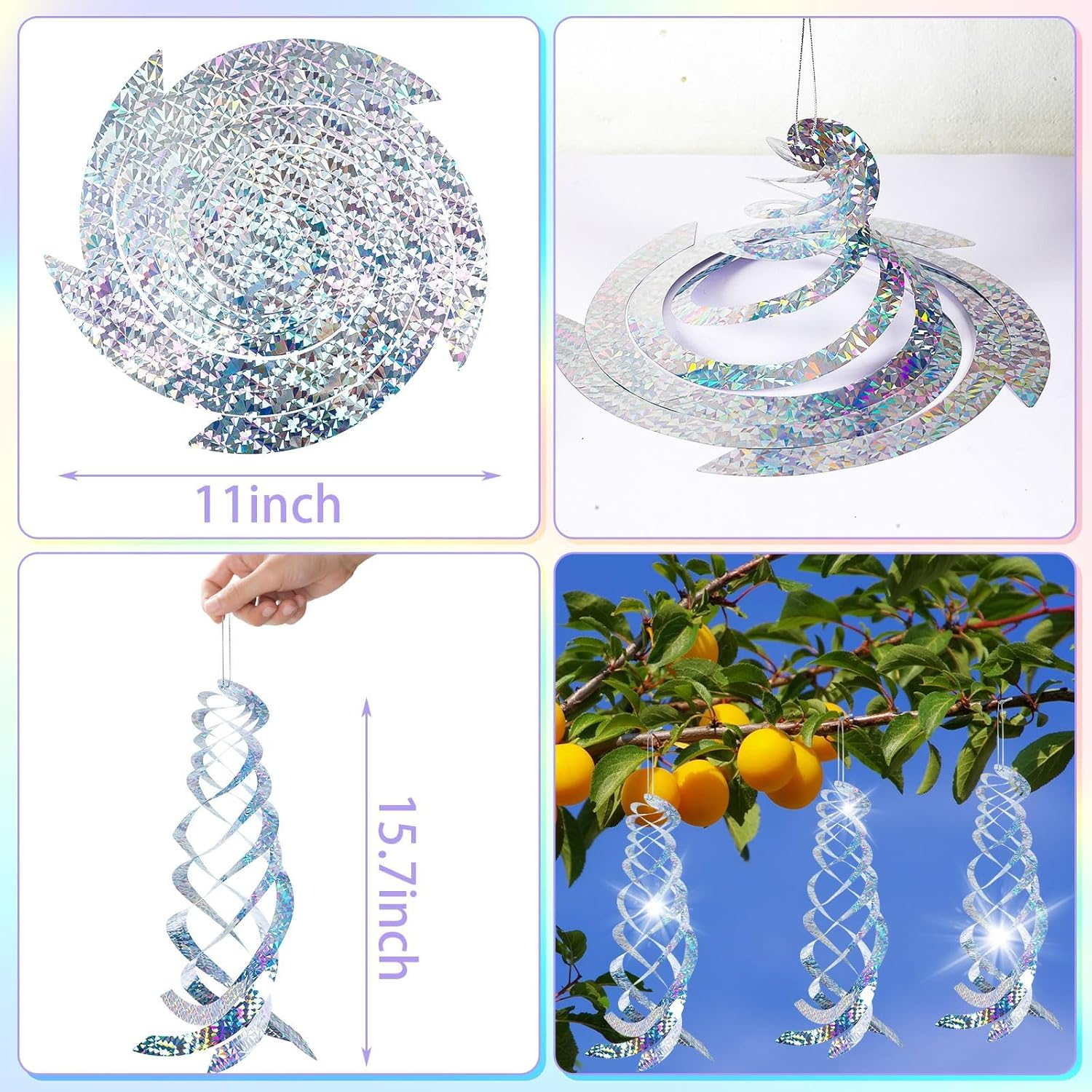 MLUOTALY 8 Pcs Bird Spiral Reflectors, 15.7 Inch Anti-Bird Spiral Reflector Scare Tool, Hanging Reflection to Scare Pigeons and Other Small Birds, Garden Porch Decoration image number 6