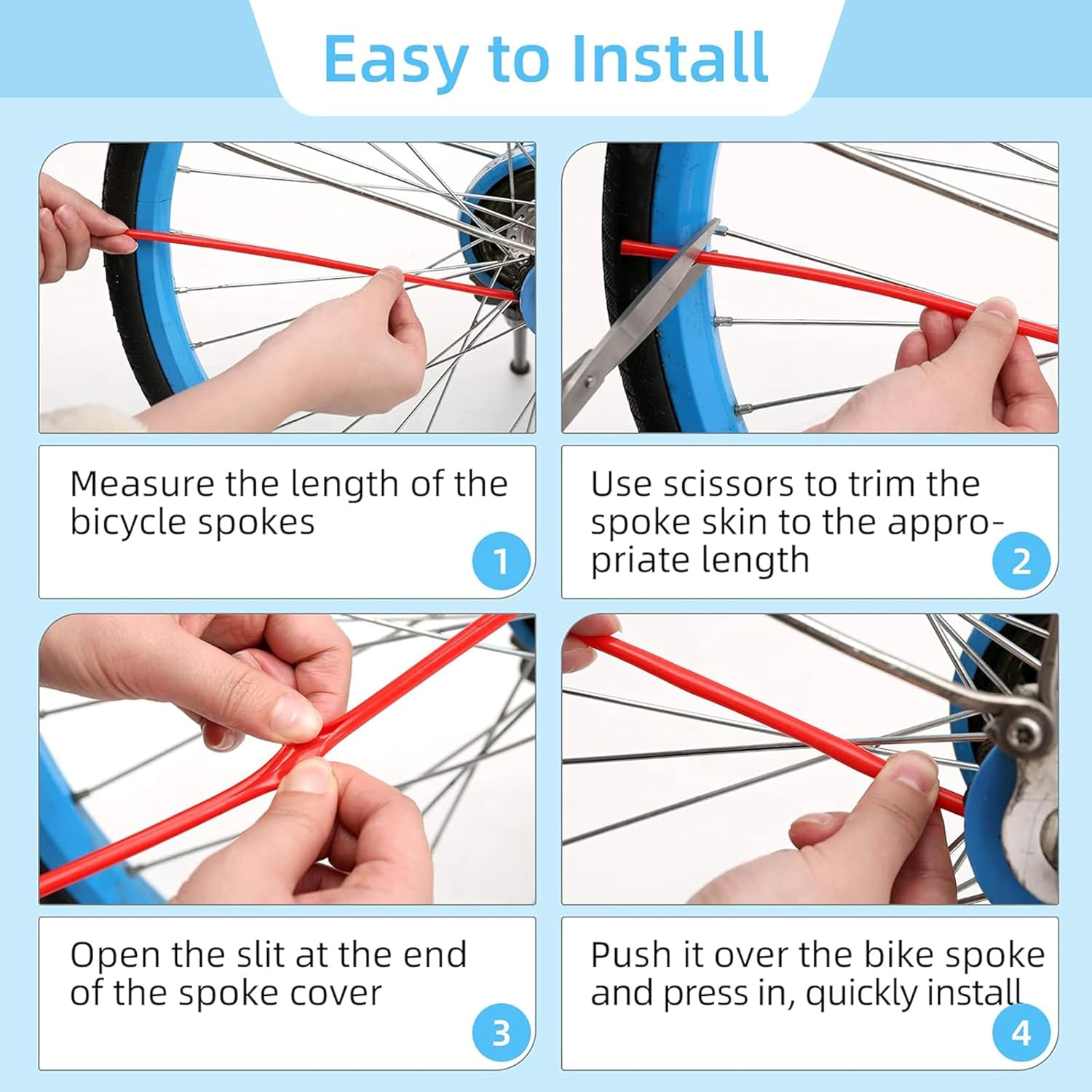 72-Pack Universal Spoke Protector Guards for Bikes, Motorcycles, Wheelchairs & Off-Road Vehicles - Durable Spoke Decorations for 8"-21" Rims (Black) - Blue image number 3