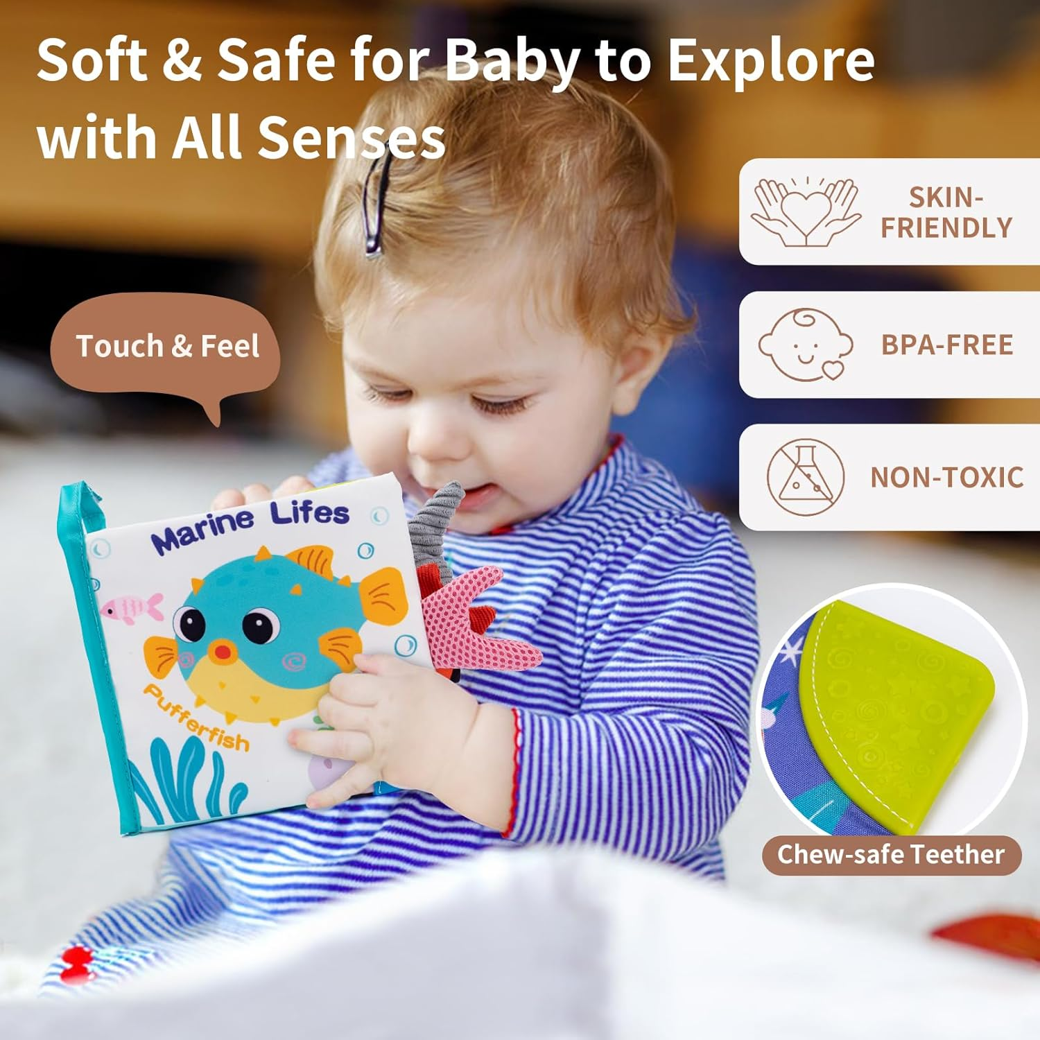 Coolplay Baby Sensory Toys 0-6 Months, Baby Marine Animal Tails Books Toys Crinkle Books 6-12 Months Toddler Soft Cloth Book for Newborn image number 2