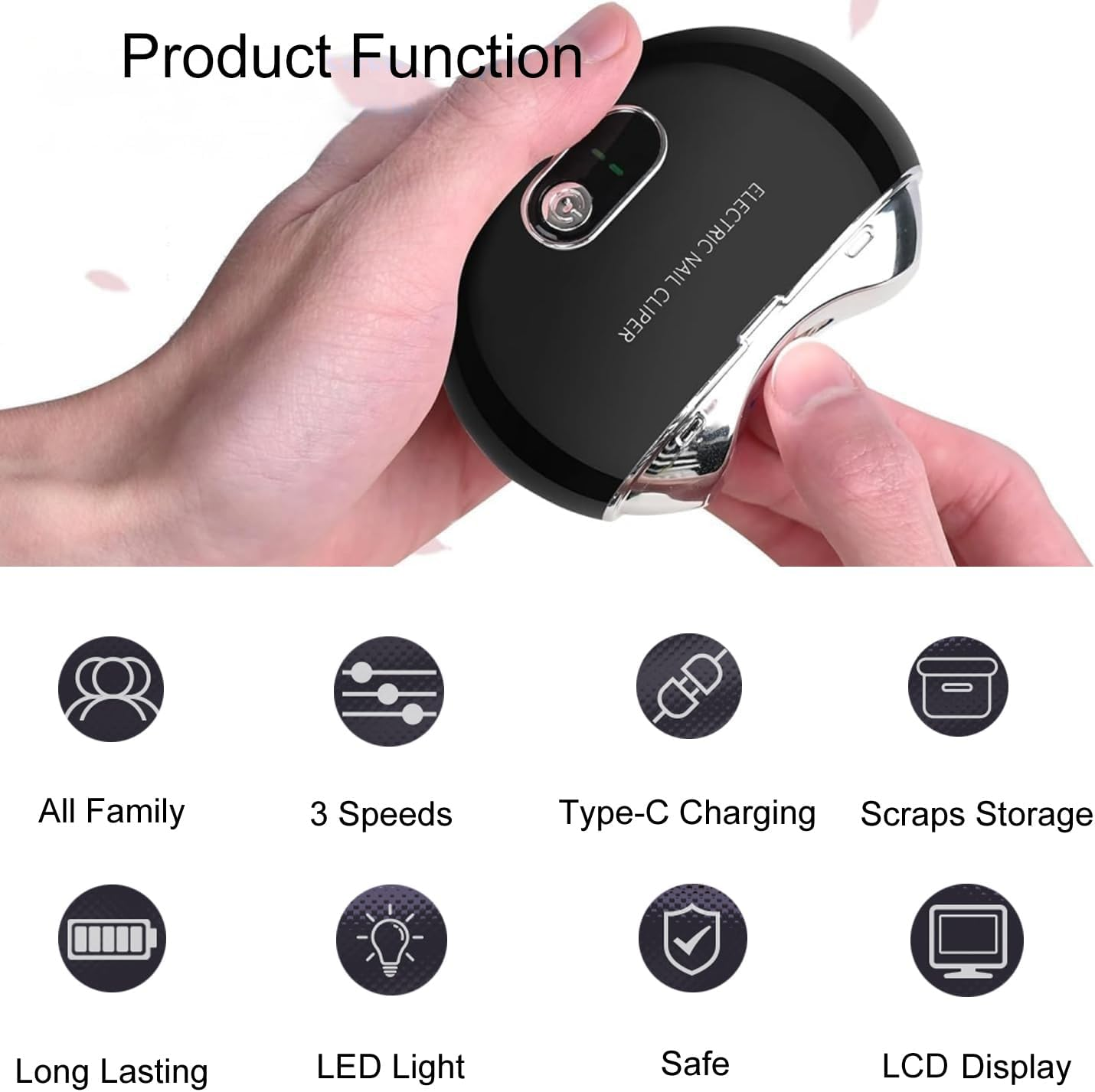 Lancoon Electric Nail Clipper with Trimming 3 Speeds Low Noise Safe Light Fingernail Grinder Nail Scraps Storage Stainless Steel Blade for Kids Adults Seniors - Black image number 4