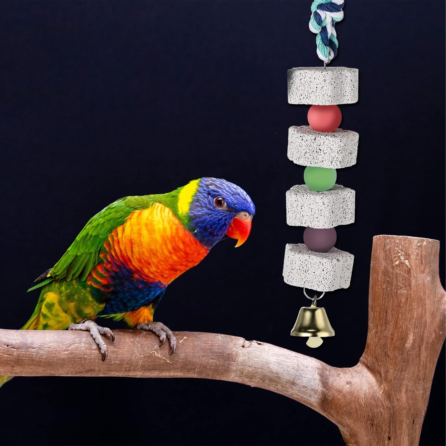 Sanwuta 4 Pack Bird Beak Grinding Stone with Bell Parrot Chewing Toy Parrot Beak Stone Lava Block Calcium Stone Bird Cage Accessories for Parakeet Cockatiel Conure Hamster Chinchilla Rabbit image number 2