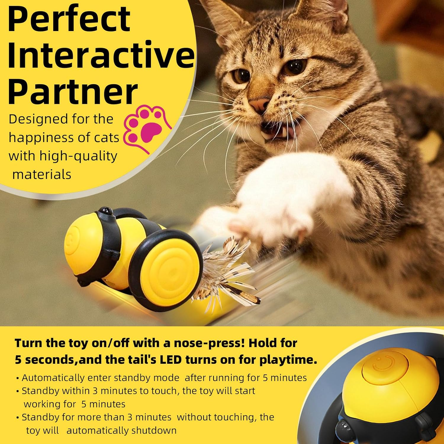 PAWCHIE Interactive Cat Toy Bee - USB Rechargeable with Feather, Intelligent Obstacle Avoidance, 360&deg; Automatic Movement, LED Light for Indoor Cats image number 6