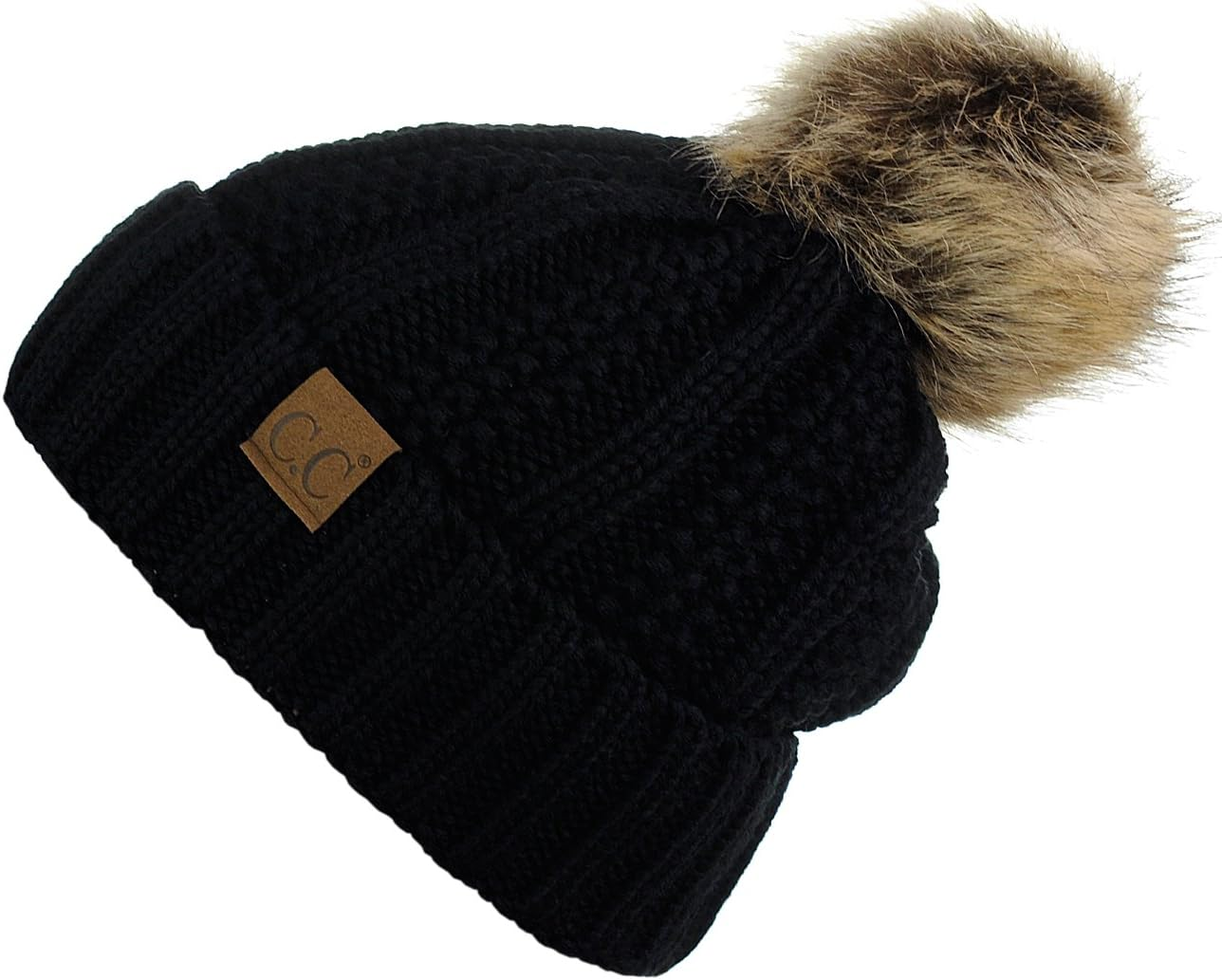 C.C Thick Cable Knit Faux Fuzzy Fur Pom Fleece Lined Skull Cap Cuff Beanie - 2 Tone Black/Dark Beige image number 3