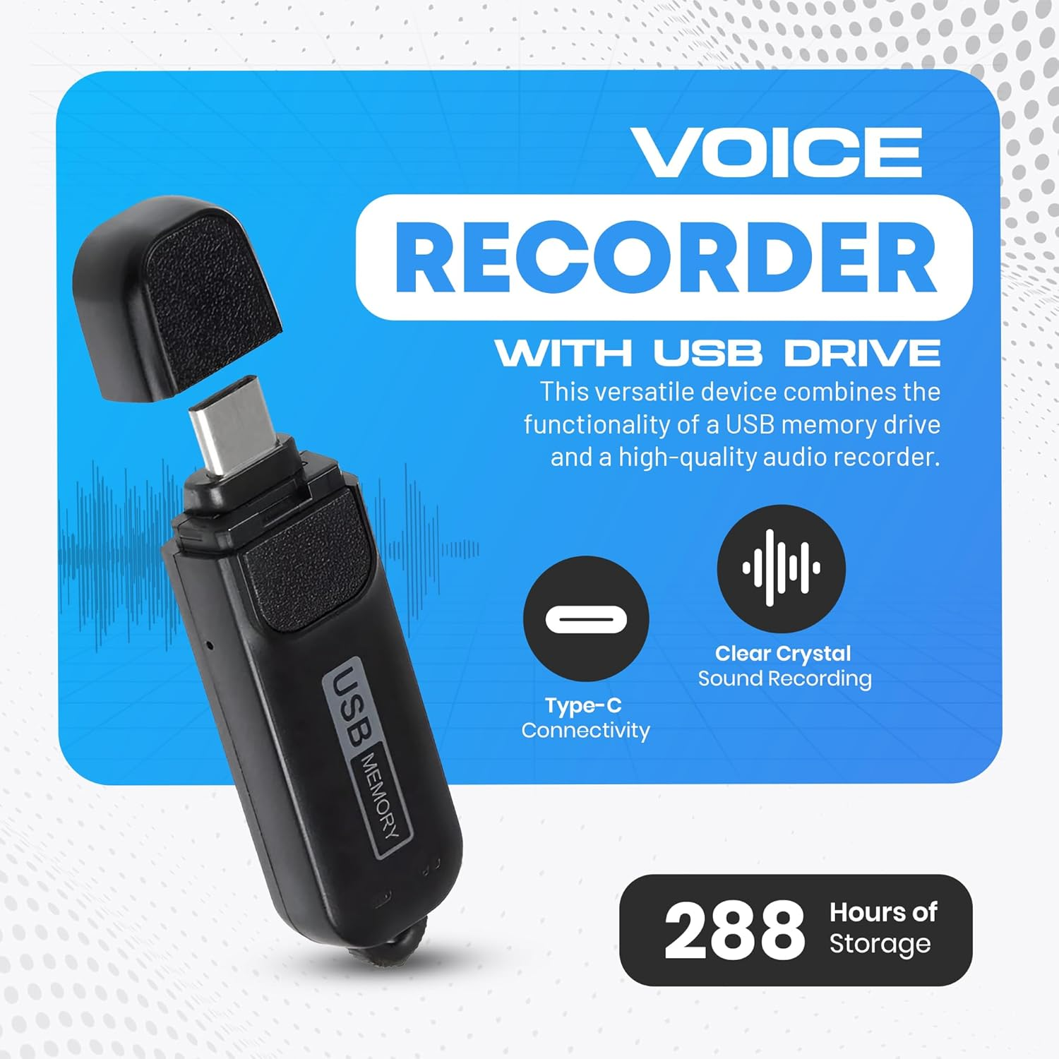 Voice Activated Audio Recorder with 20-Day Standby, 288-Hour Storage, 26-Hour Continuous Recording, USB-C Compatible, Date & Time Stamp, Easy-To-Use Design image number 3