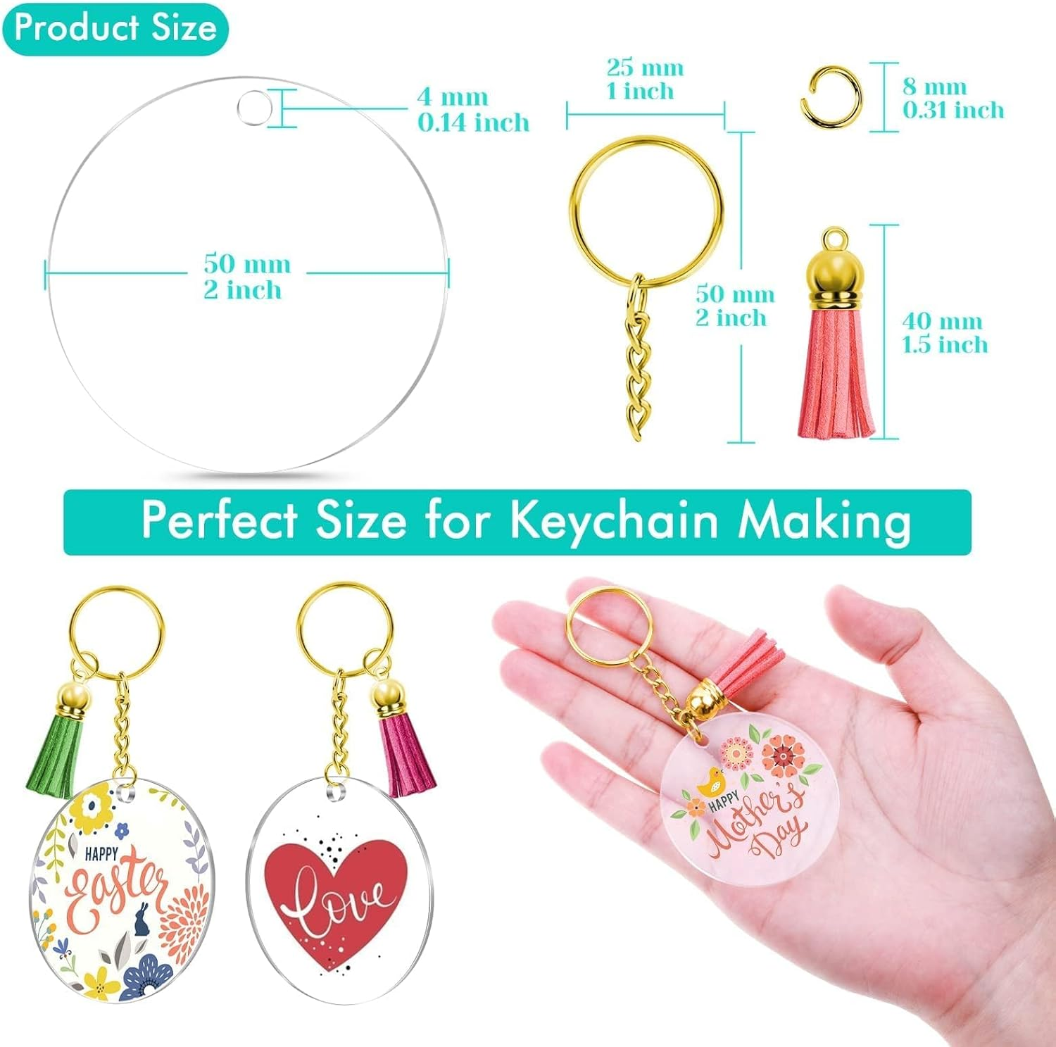 120Pcs Acrylic Keychain Blanks, Craft Tassels Keychain, Bulk Acrylic Keychain for Craft Set with Acrylic Blanks, Key Rings, Tassels and Jump Rings, DIY Keychain Supplies image number 2