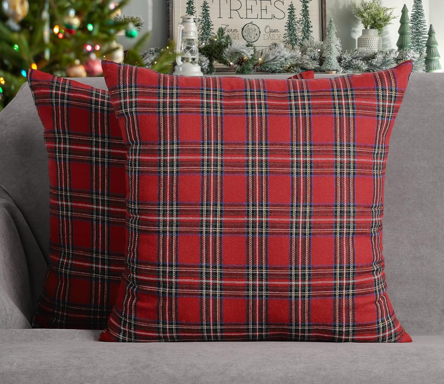 4TH Emotion Set of 2 Christmas Scottish Tartan Plaid Throw Pillow Covers Cushion Case Cotton Polyester for Farmhouse Home Decor Red and White, 20 X 20 Inches