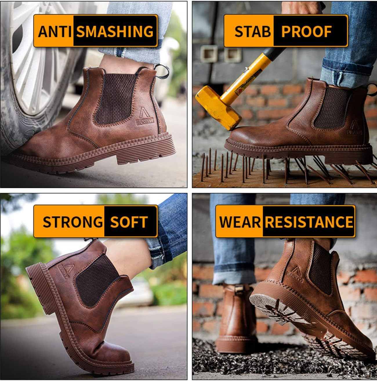 Letuwj Men'S Steel Toe Work Boots Slip on Breathable Quick Dry Safety Leather Indestructible Work Safety Shoes image number 1