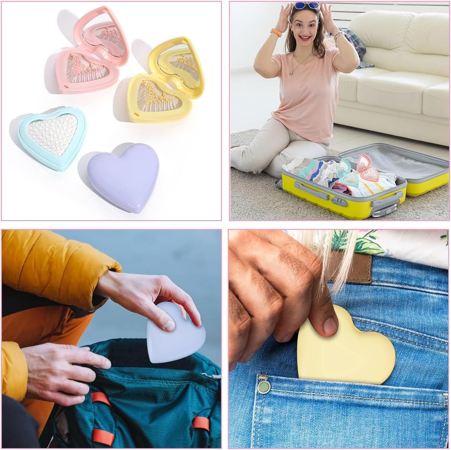 Linyongc Heart-Shaped Foldable Hair Brush with Mirror, 4-Piece Set, Gently Detangles Hair, Plastic & Nylon Bristles image number 6