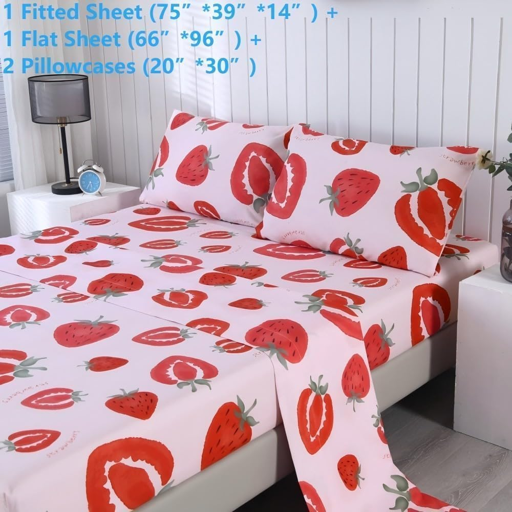 SDIII 4PCS Pink Strawberry Sheets Set Twin, Soft Microfiber Strawberry Sheets Twin Size, Cute Fruit Bedding Sheet Set for Girls Boys Kids and Teens image number 6