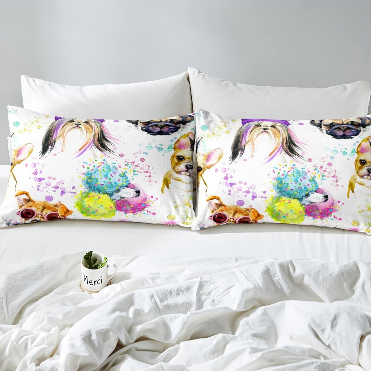 Puppy Duvet Cover Kawaii Bed Linen Set Shar Pei Gifts for Dog Lovers Silk Terrier Poodle Comforter Cover Sharpei Doll Dog Bed 220 X 240, Watercolour Bulldog Pet Cute Room Decor image number 5