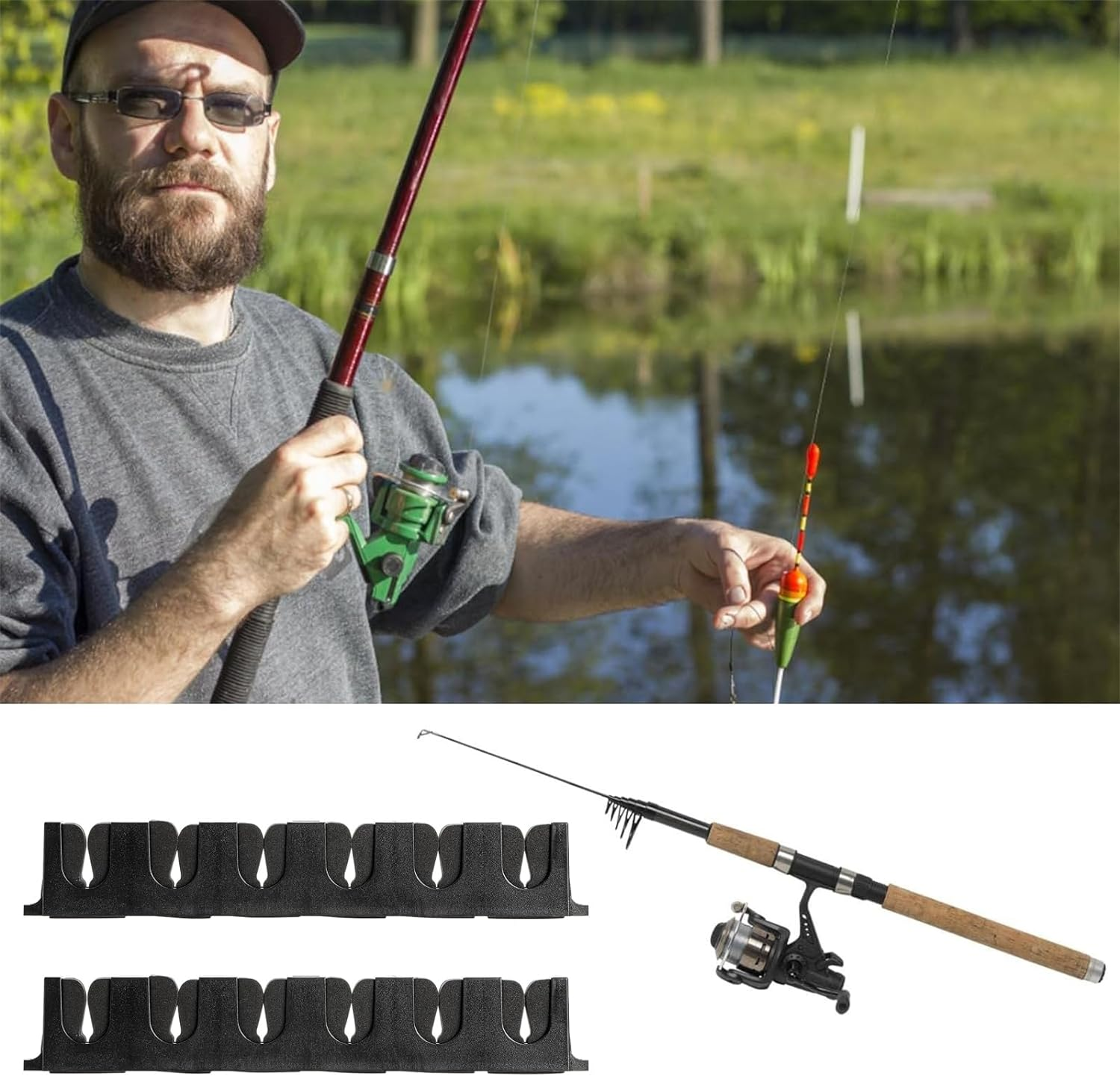 2 Pack Horizontal Fishing Rod Holders for Garage, Fishing Pole Holders to Hold 6 Rods, Wall Mounted Fishing Rod Rack, Kayak Fishing Pole Storage Holder and Rack image number 2