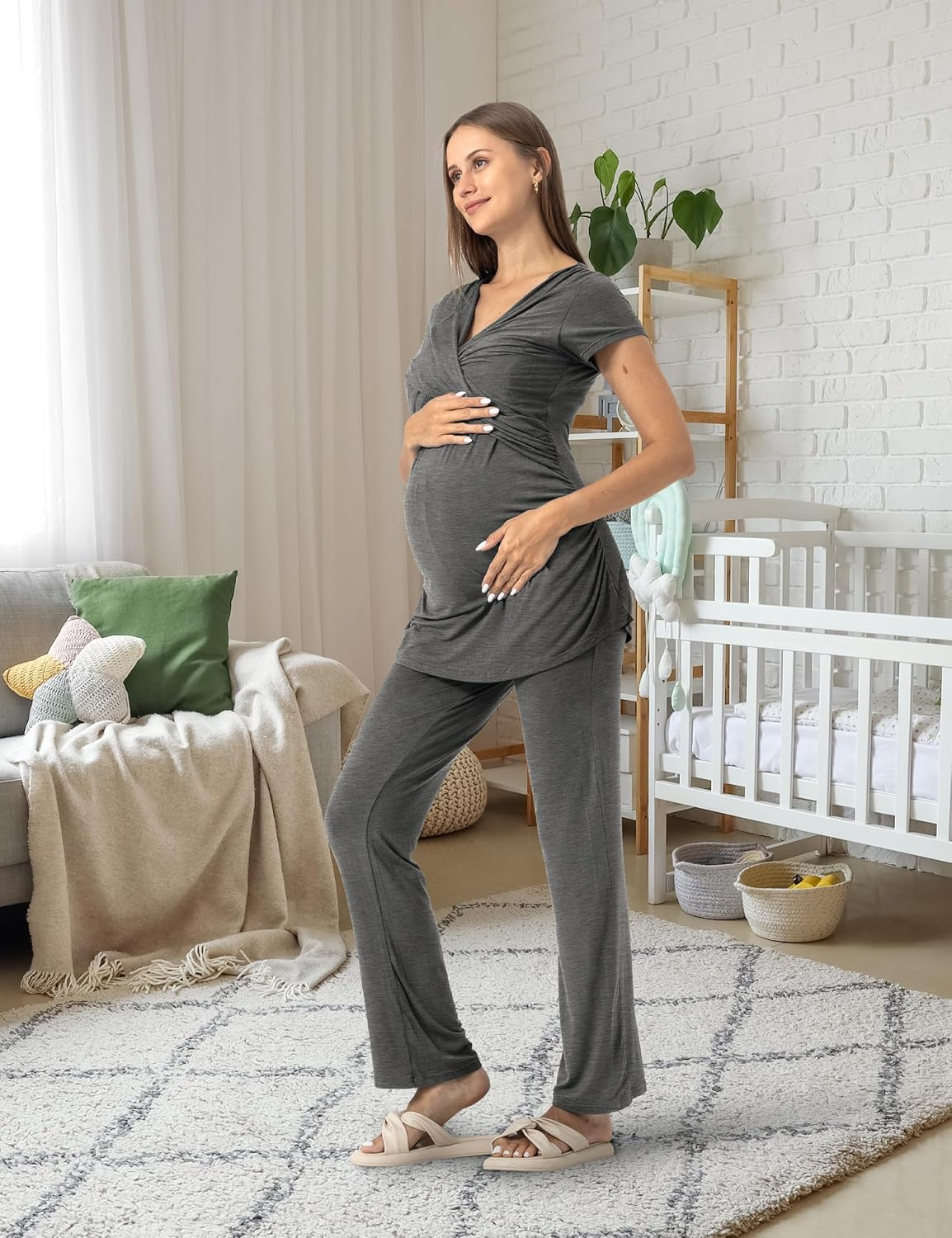 SUNNYBUY Women'S Maternity Postpartum Pajamas Set, Breastfeeding Tops，Adjustable Pregnancy Shorts & Pants 3 Piece Nursing PJS image number 1