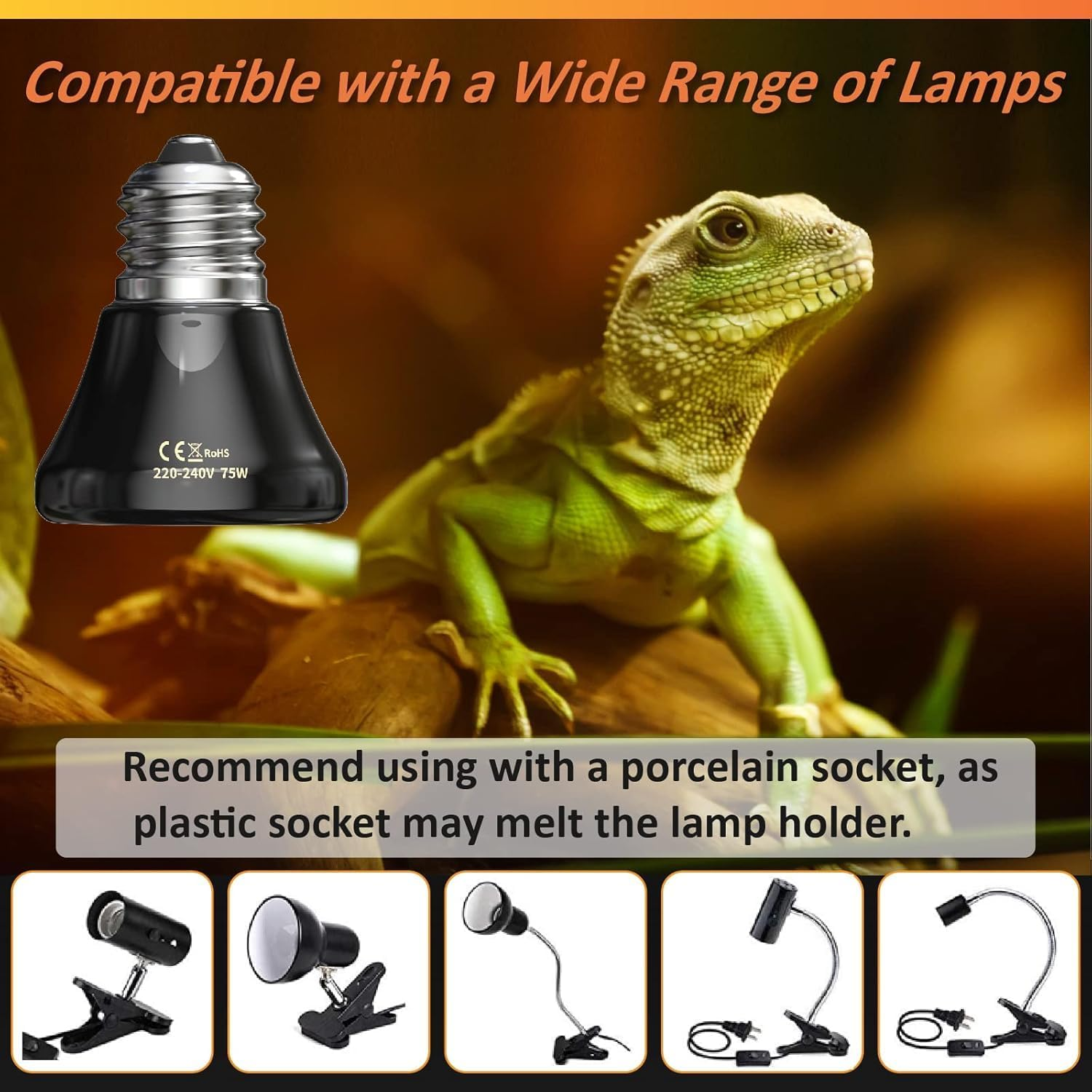 Bonlux E27 Ceramic Heat Lamp 75W Terrarium Reptile Heat Lamp, No Light, No Harm, Ceramic Heat Emitter for Snakes Lizard Tortoise Reptiles Terrariums and Vivarium, (Black, Pack of 2) image number 4