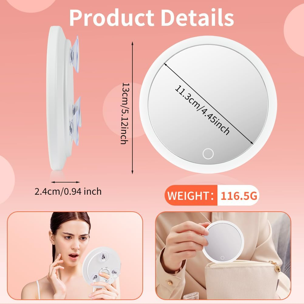 Compact Suction Cup Makeup Mirror, 30X Makeup Mirror with Light, Folding Dimmable Touch Screen Mirrors, Rechargeable 3 Colors Modes and Adjustable Brightness for Bathroom Travel - 30X image number 6
