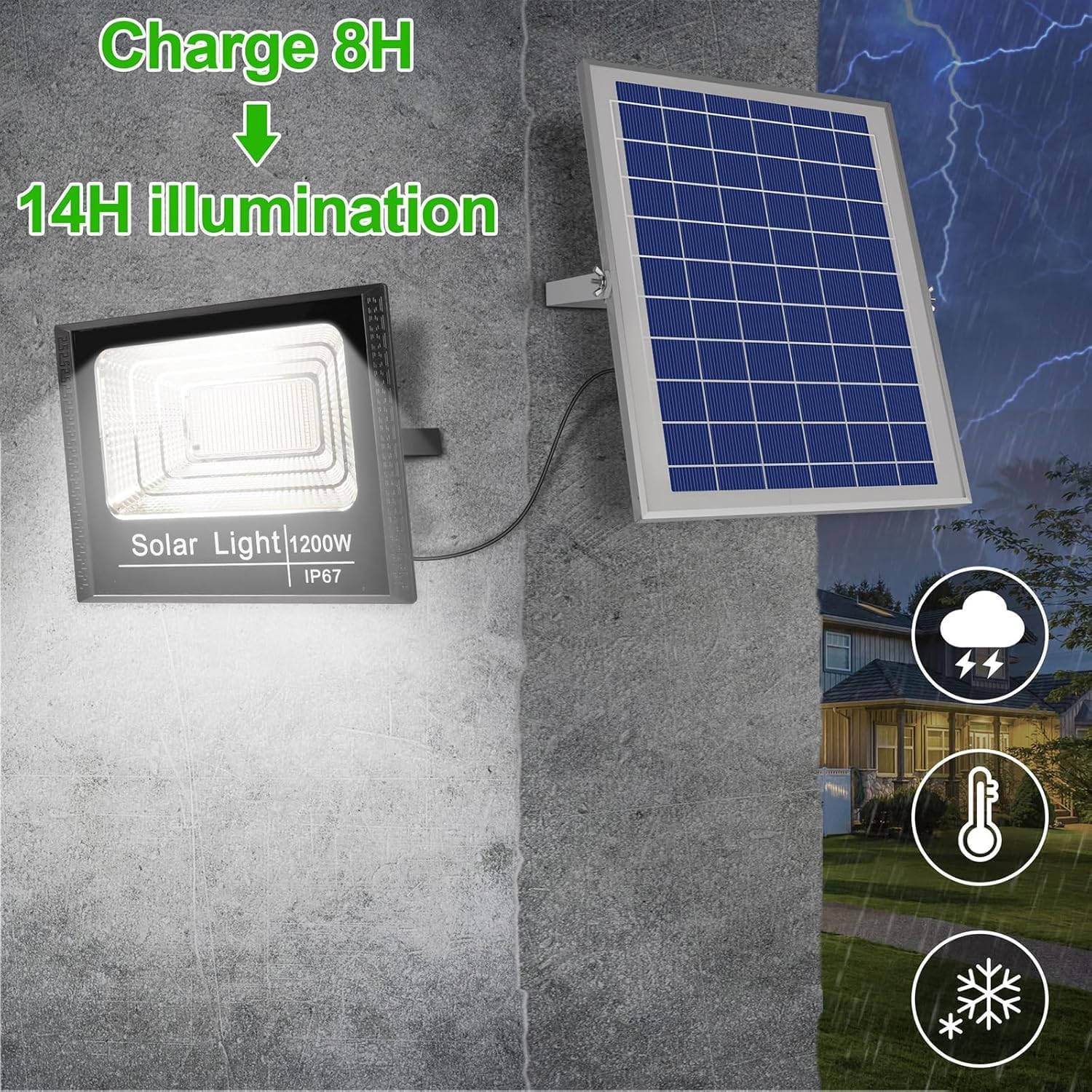 Solar Lights 1200W Outdoor Solar Wall Big Spotlight Garden 10000 High Lumens IP67 with Remote Control 5 Modes Adjustable Brightness from Dusk to Dawn Dimmable 6500K Black image number 6